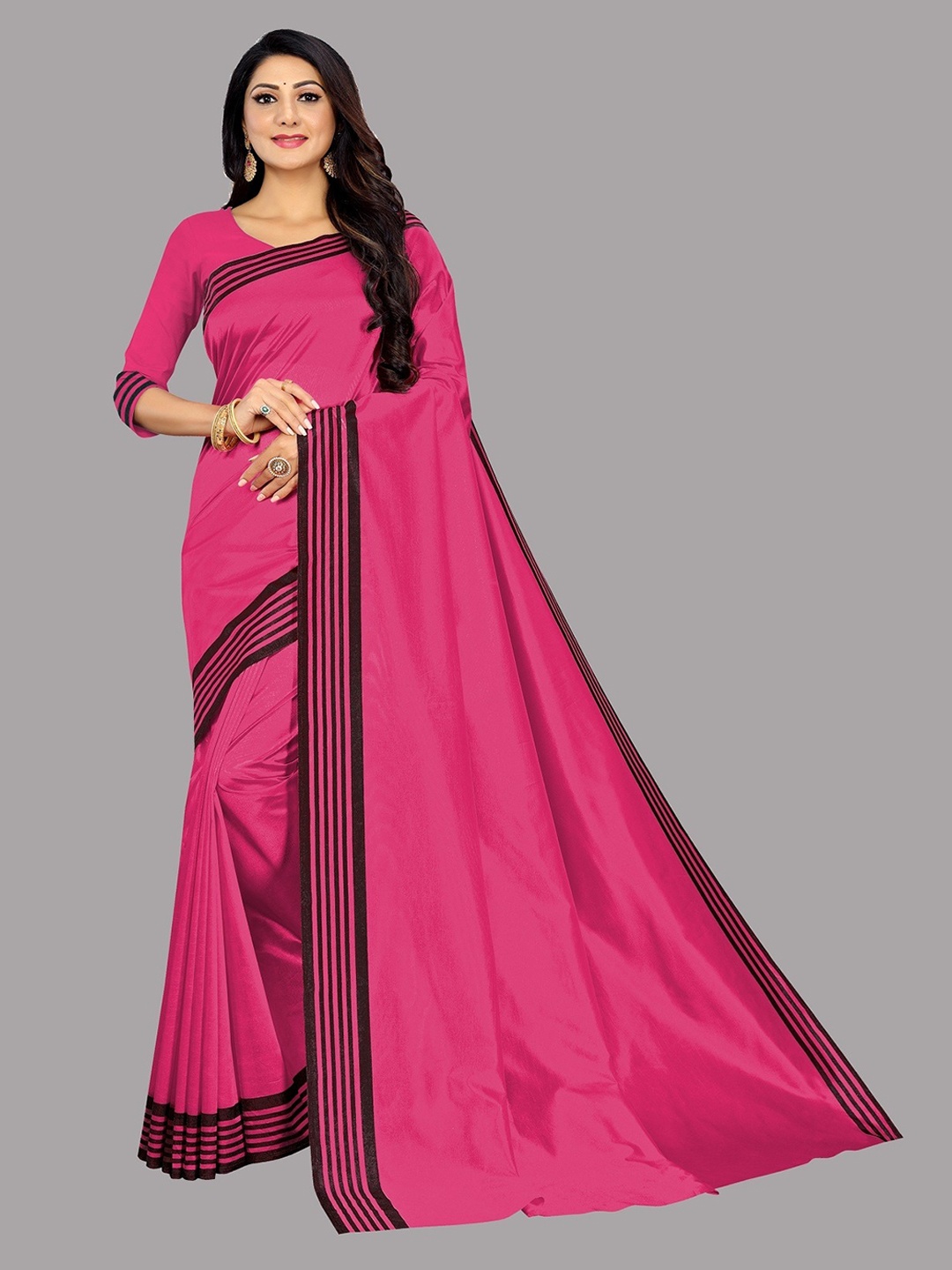 

YOYO Fashion Striped Border Cotton Blend Saree, Pink