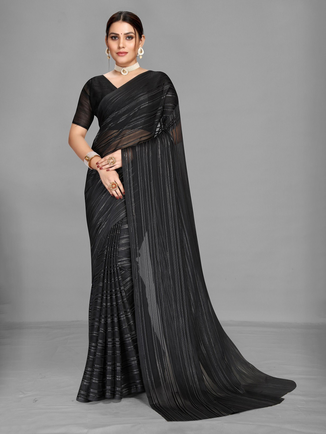 

YOYO Fashion Striped Georgette Saree, Black