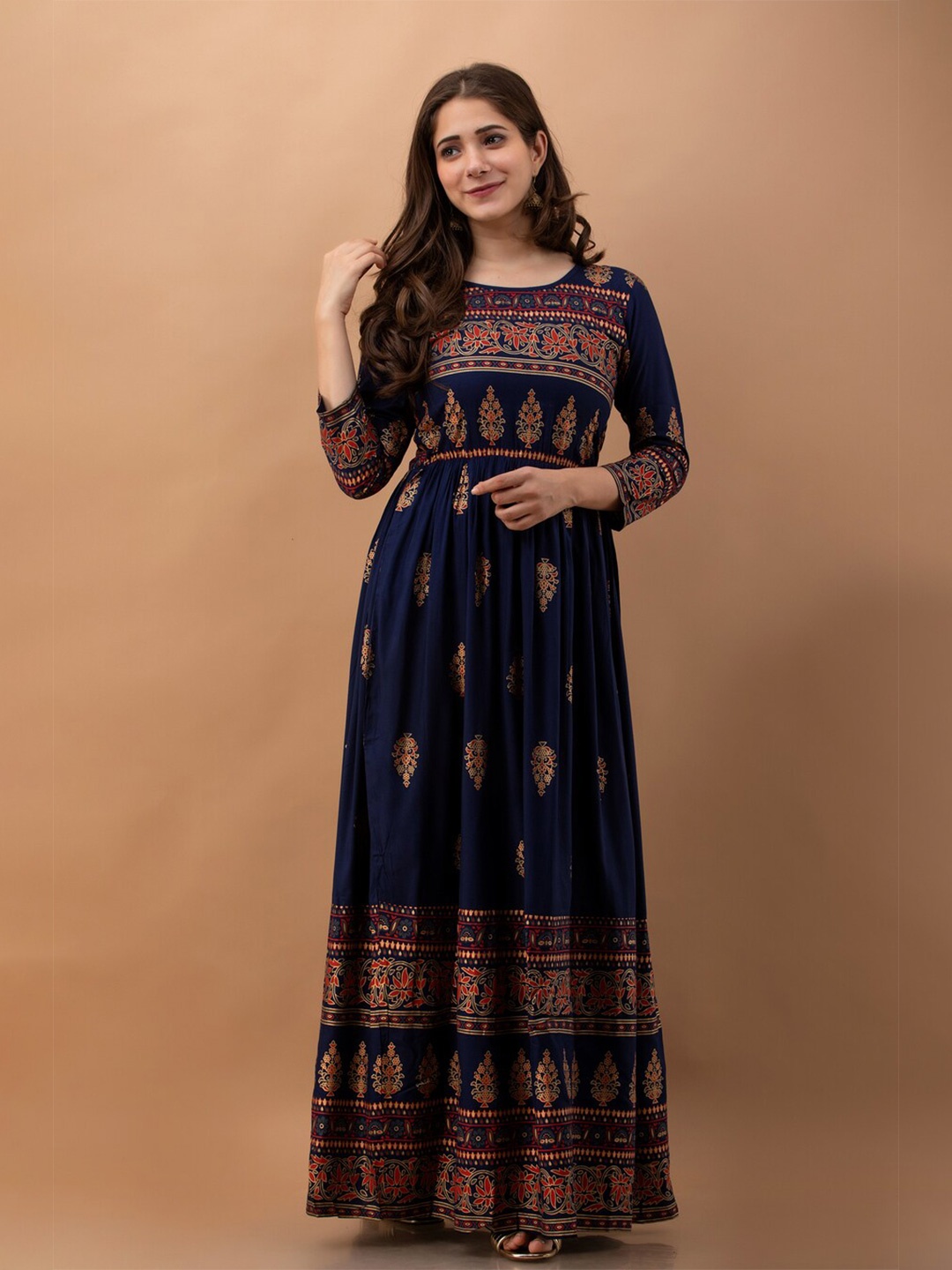 

PURSHOTTAM WALA Printed Round Neck Ethnic Maxi Dress, Blue
