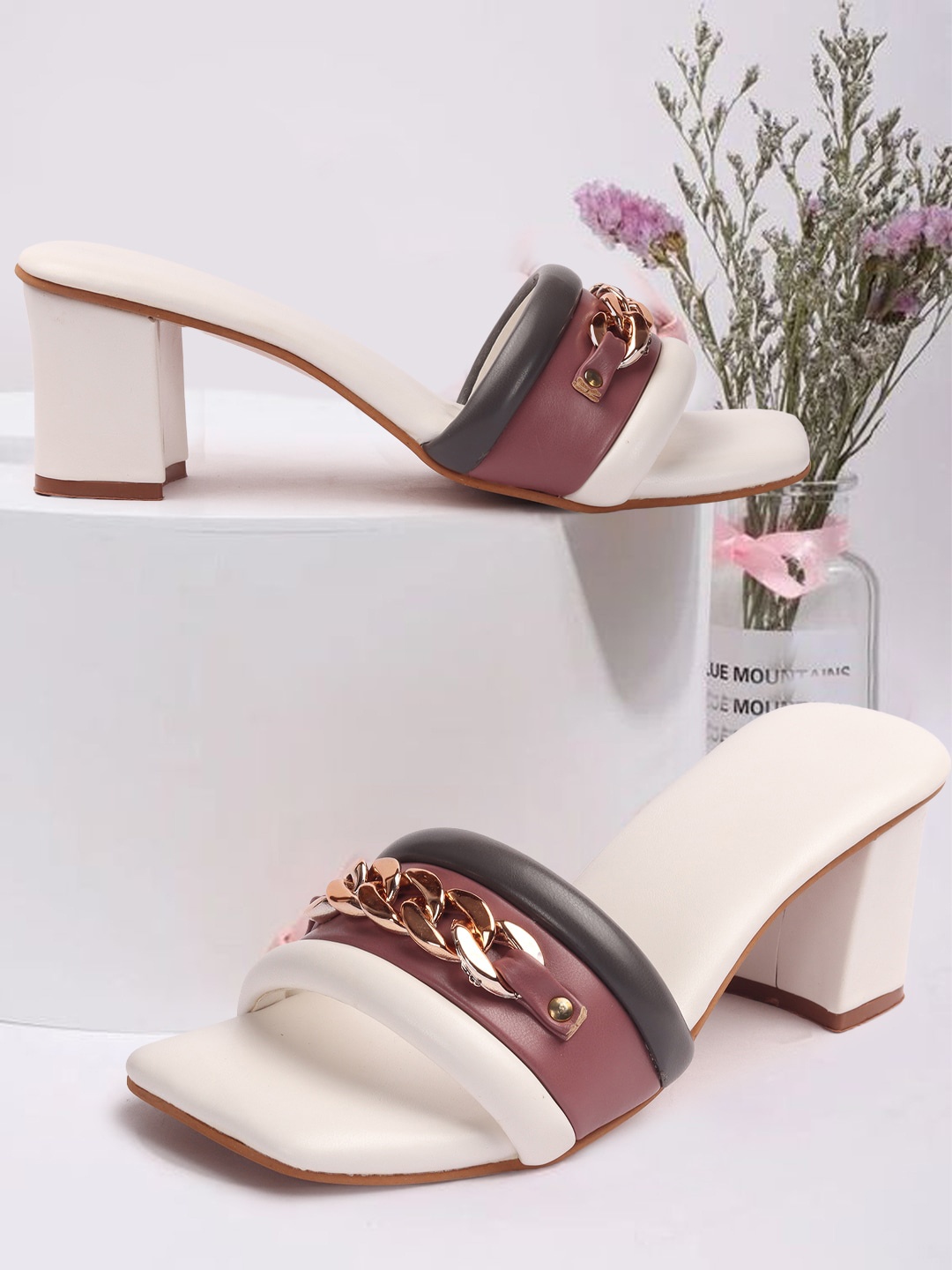

RINDAS Colourblocked Block Sandals Heels, White
