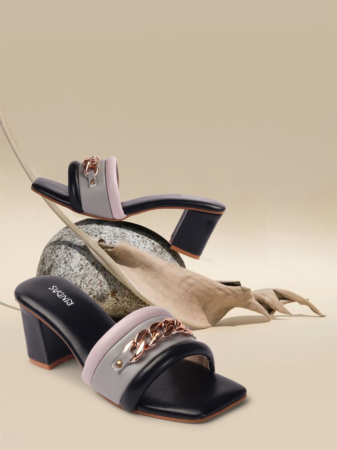 

RINDAS Colourblocked Block Mules Heels, Black