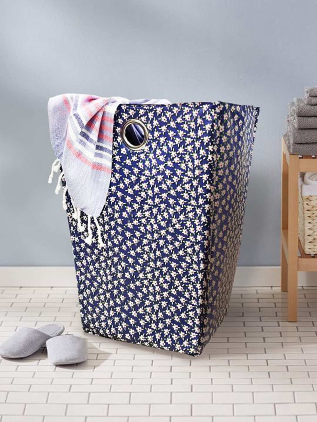 

BIANCA Blue & White Floral Printed Foldable Waterproof Laundry Basket