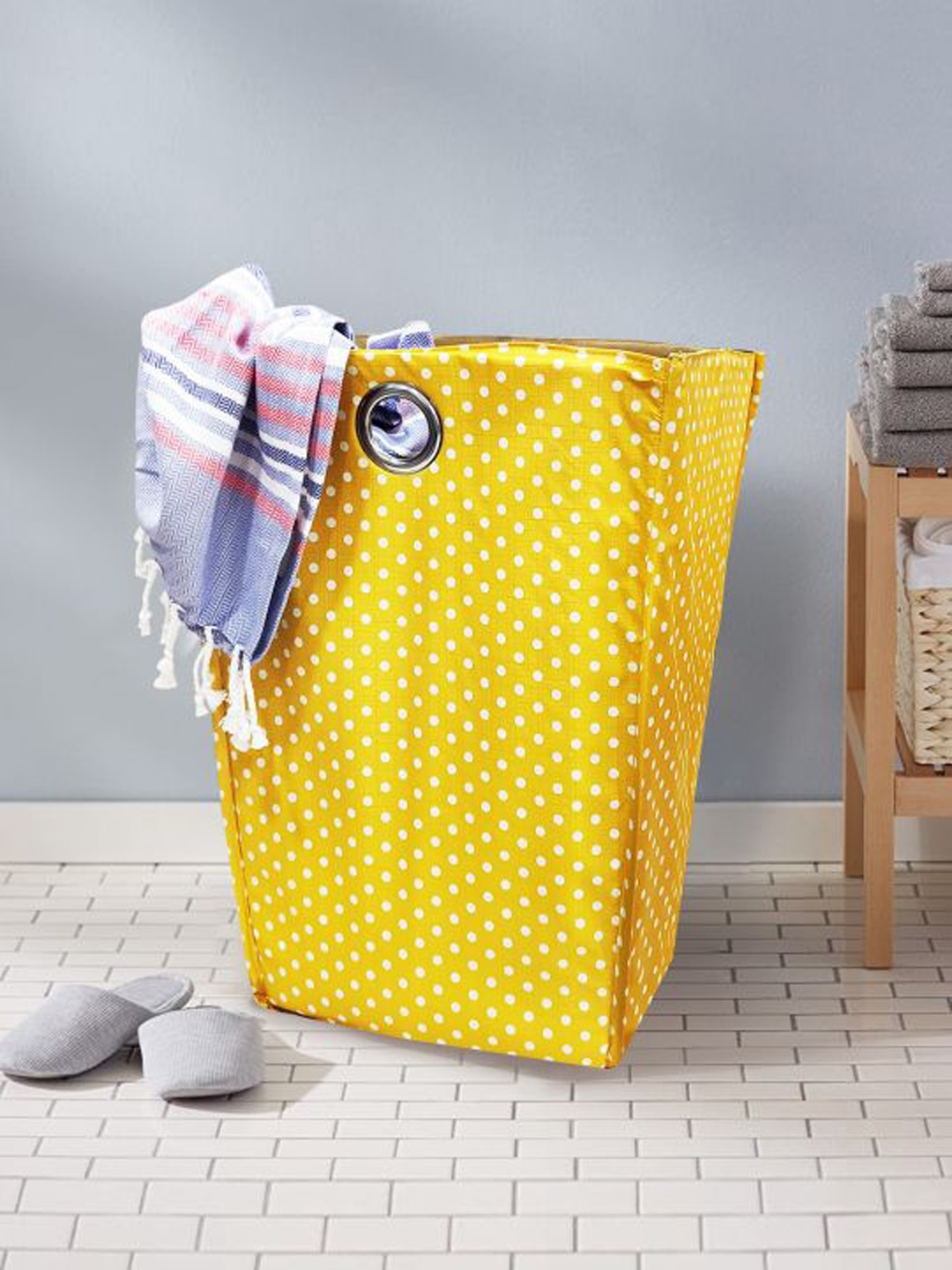 

BIANCA Yellow & White Polka Dots Printed Foldable Laundry Basket