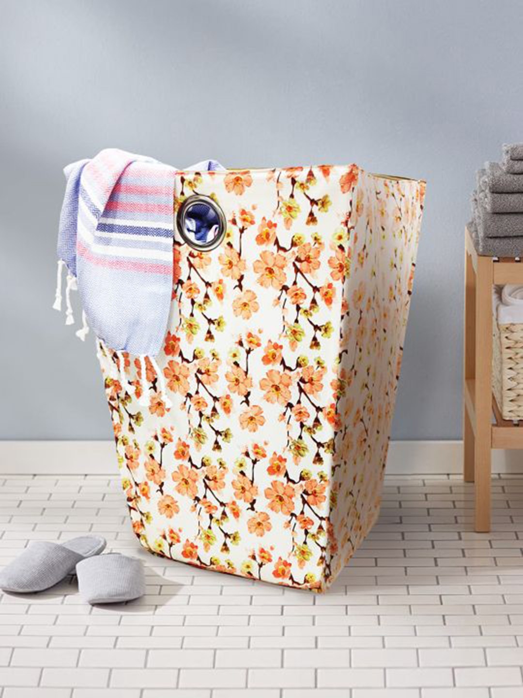

BIANCA Orange & White Floral Printed Foldable Laundry Basket