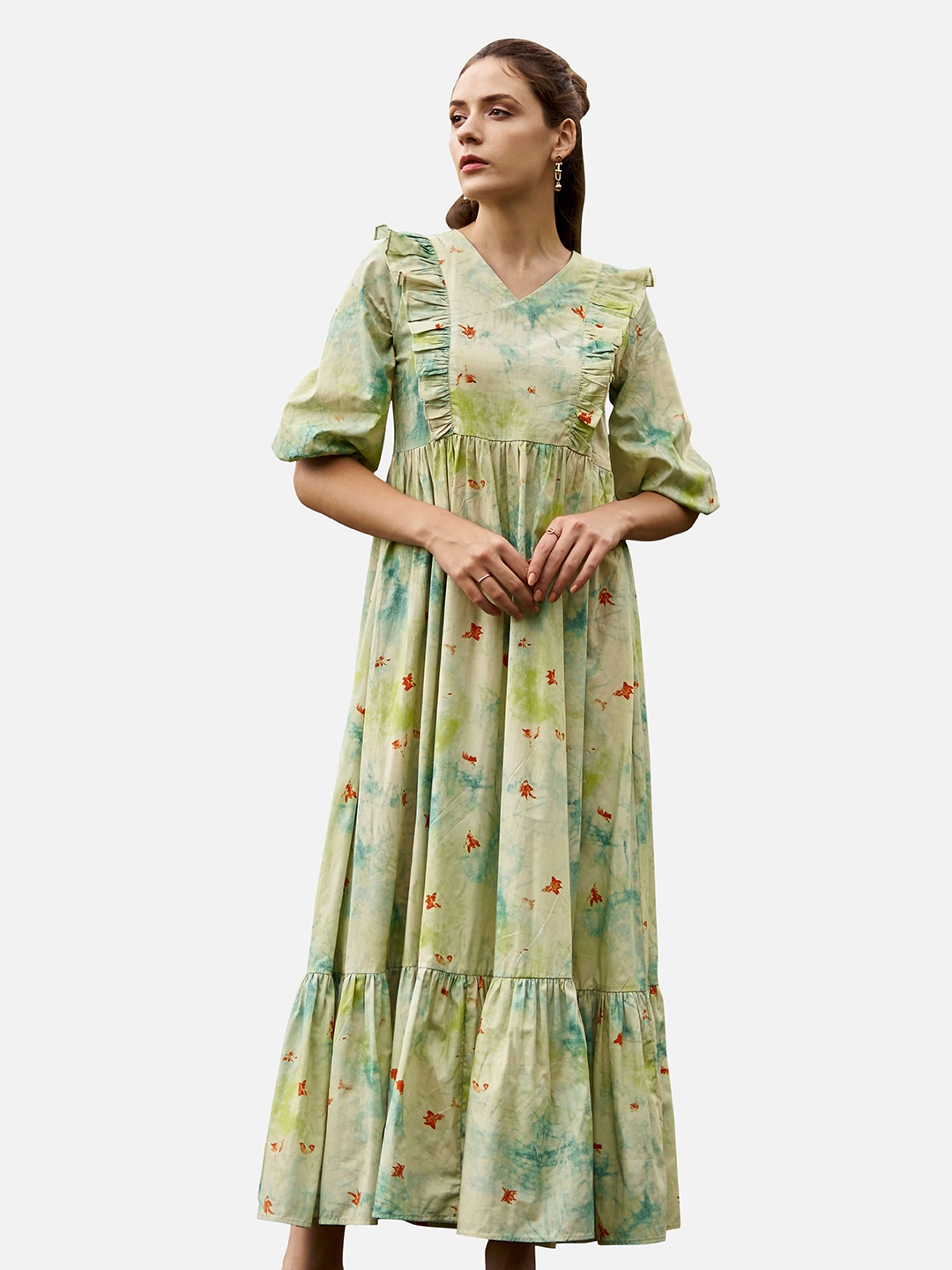 

NEOFAA V-Neck Florral Printed Maxi Dress, Green