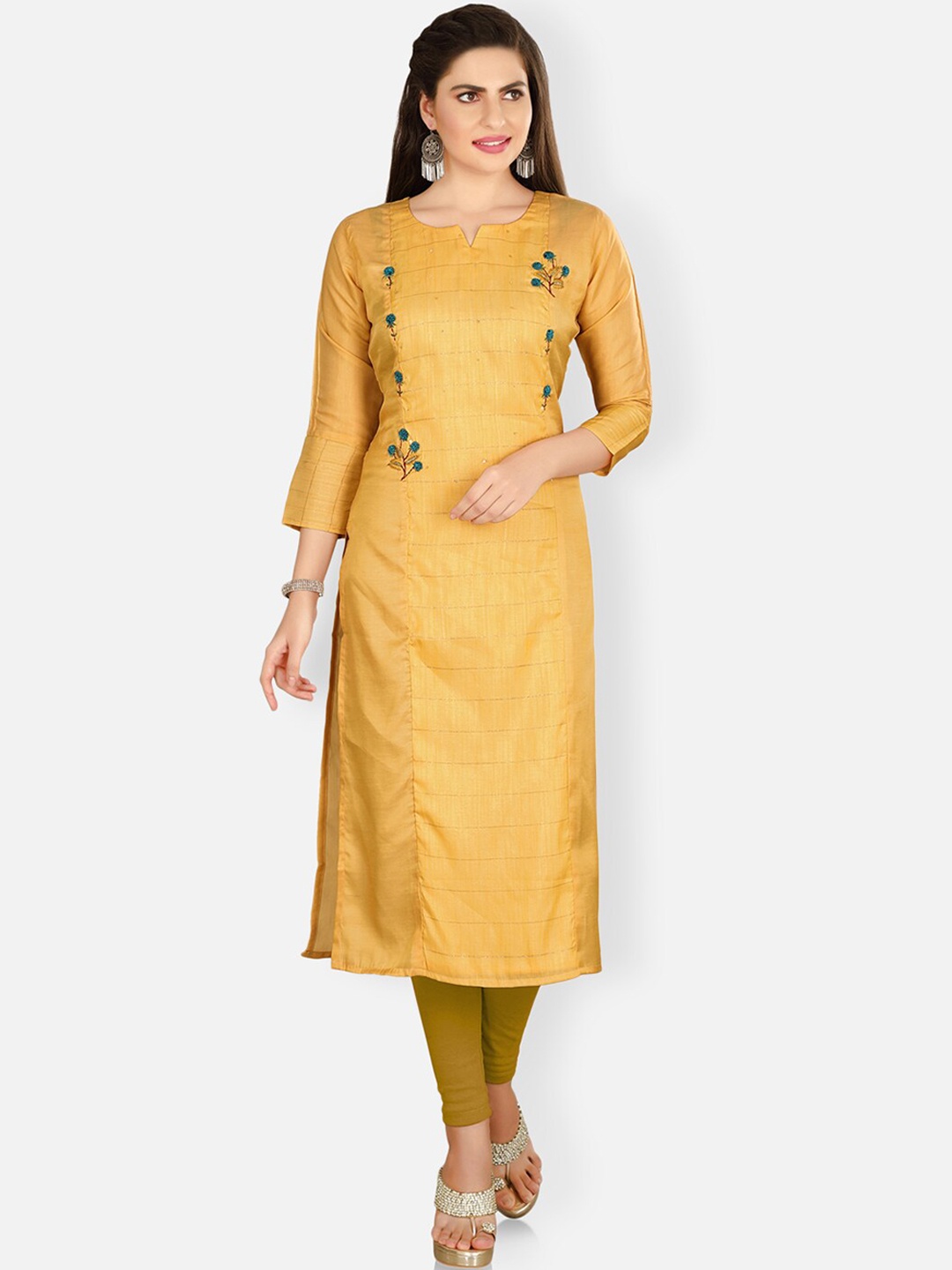 

FEMMIBELLA Women Plus Size Floral Embroidered Thread Work Kurta, Mustard