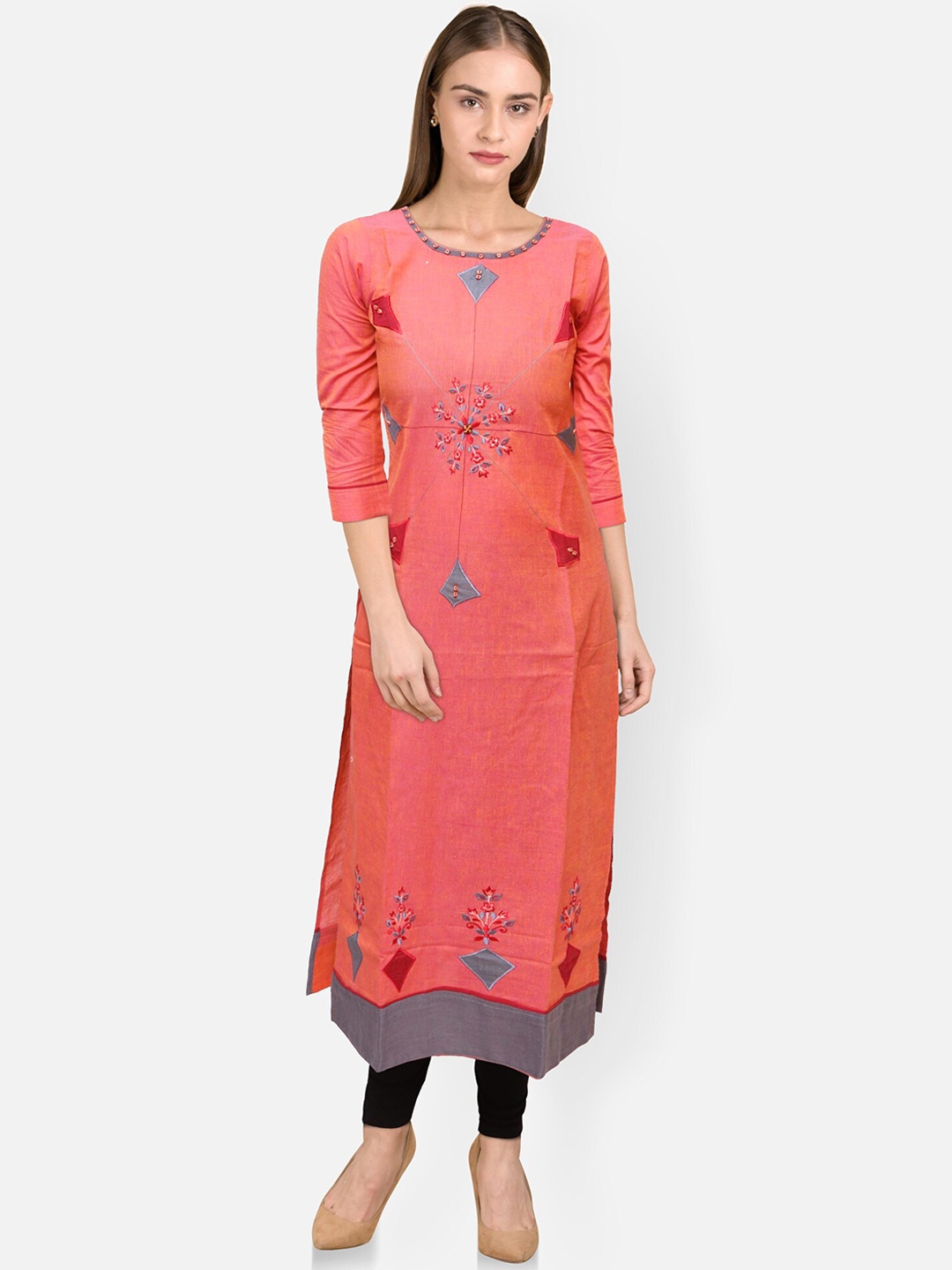 

FEMMIBELLA Women Embroidered Pastels Round Neck Kurta, Rust