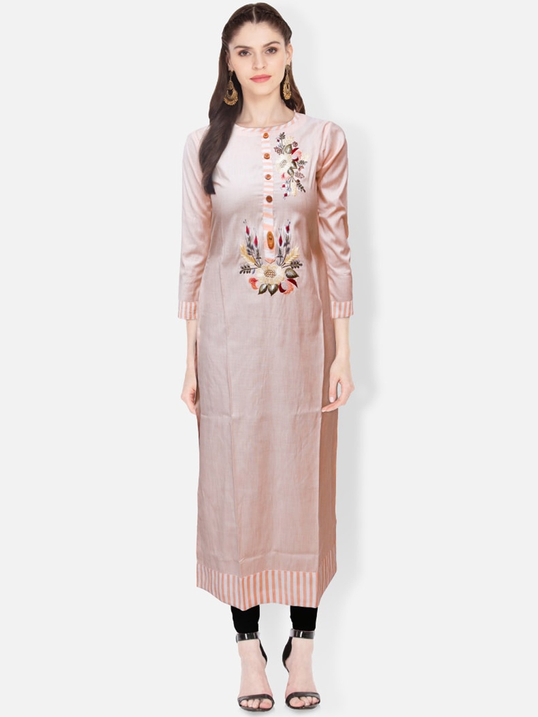 

FEMMIBELLA Women Floral Yoke Design Thread Work Pastels Kurta, Peach