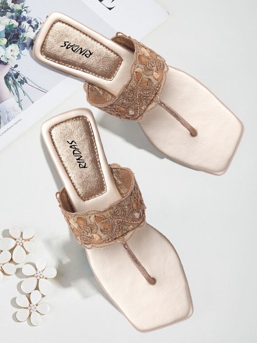 

RINDAS Embellished Ethnic Block Heels, Gold