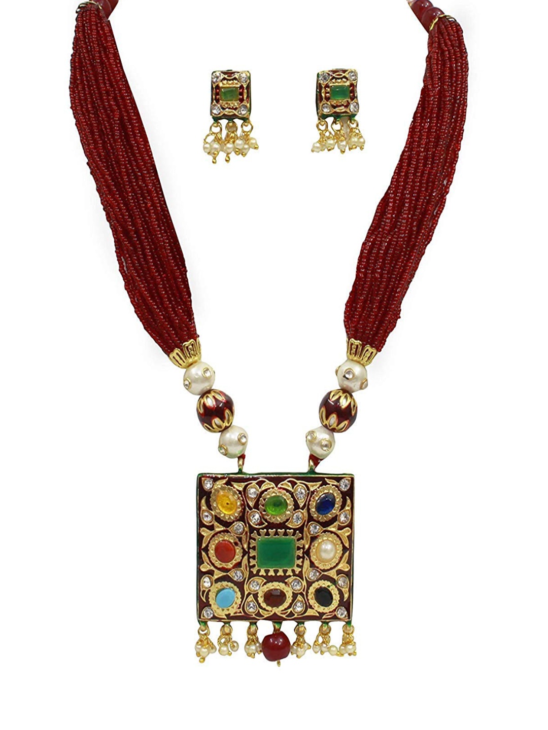 

Runjhun Gold-Plated Pearl-Studded Navratna Jaipuri Royal Designer Jewellery Set