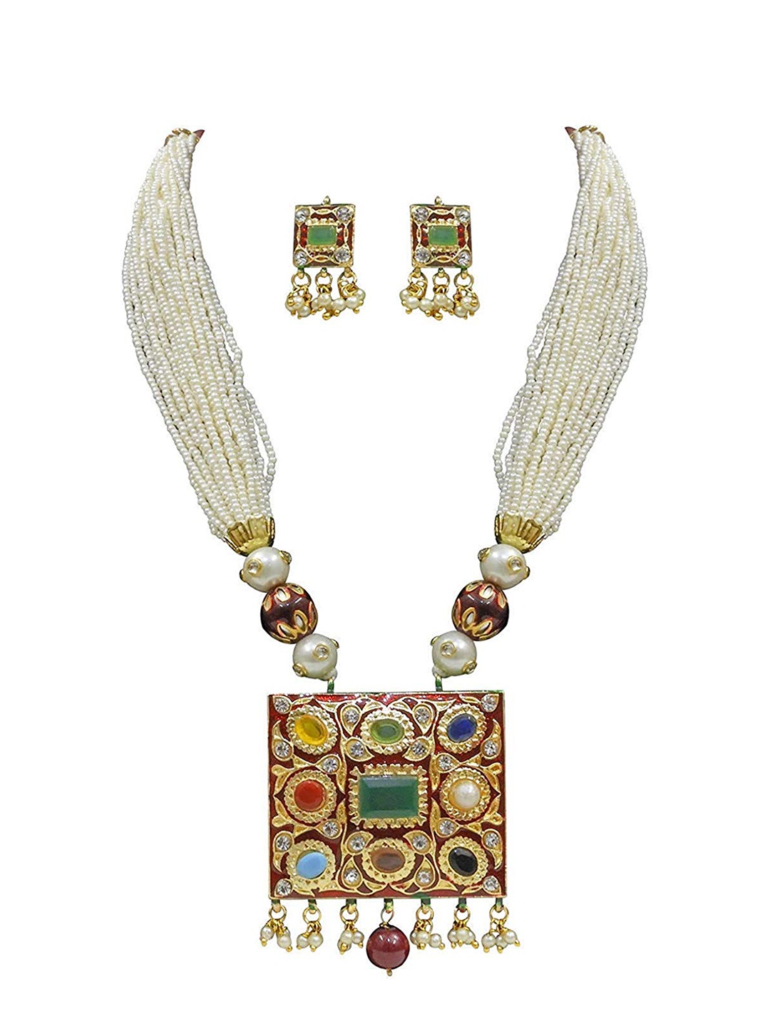 

Runjhun Gold-Plated Stone-Studded & Pearl Beaded Jewellery Set