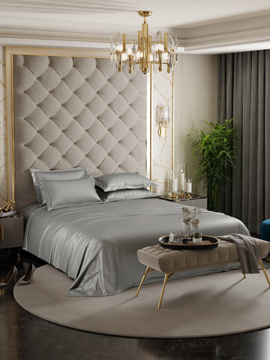 

Stoa Paris Date Night Collection Grey 300TC King Satin Bedsheet with 4 Pillow Covers