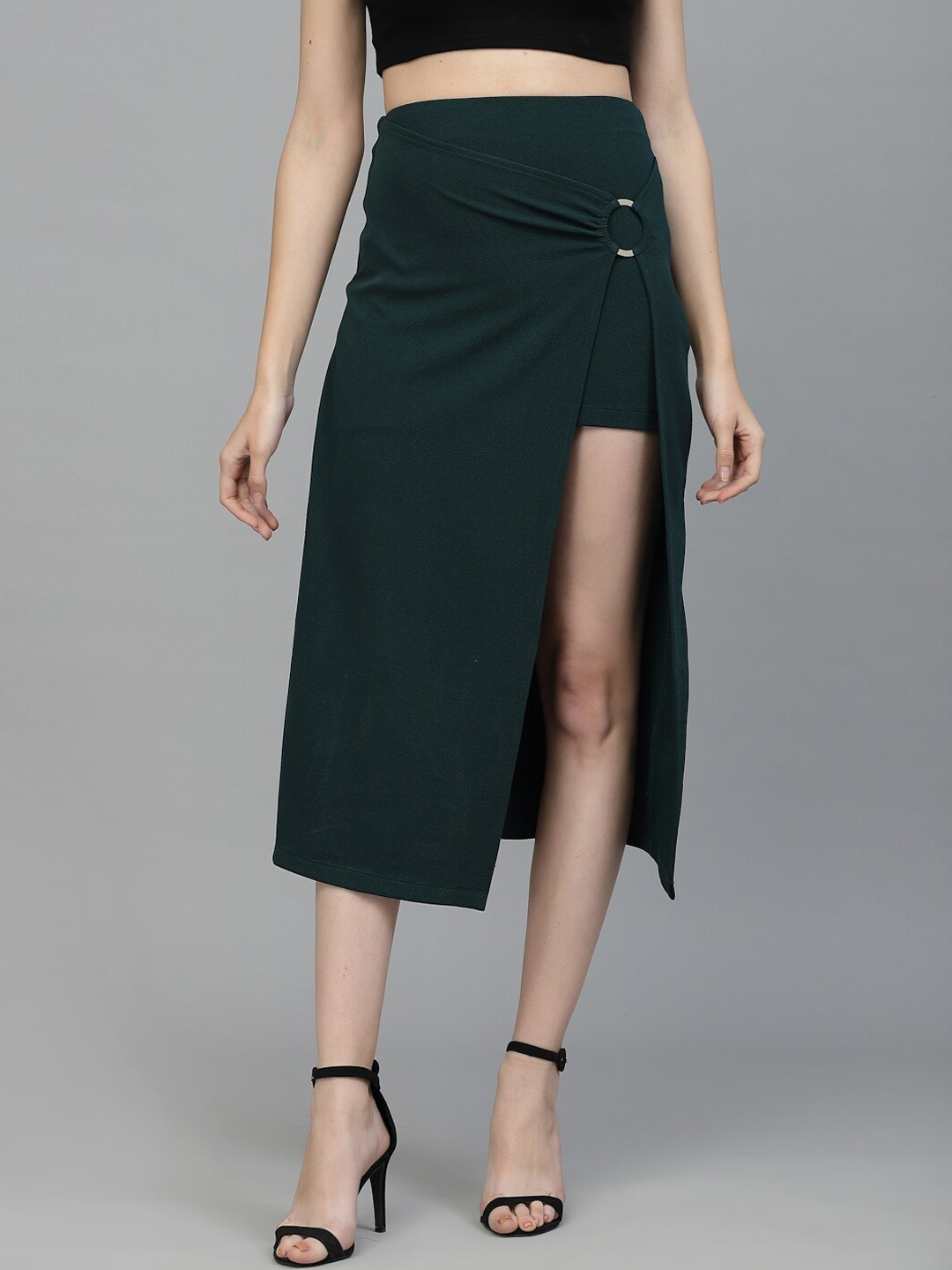 

KASSUALLY Ring Detailed Front Slit Asymmetry Skirt, Green