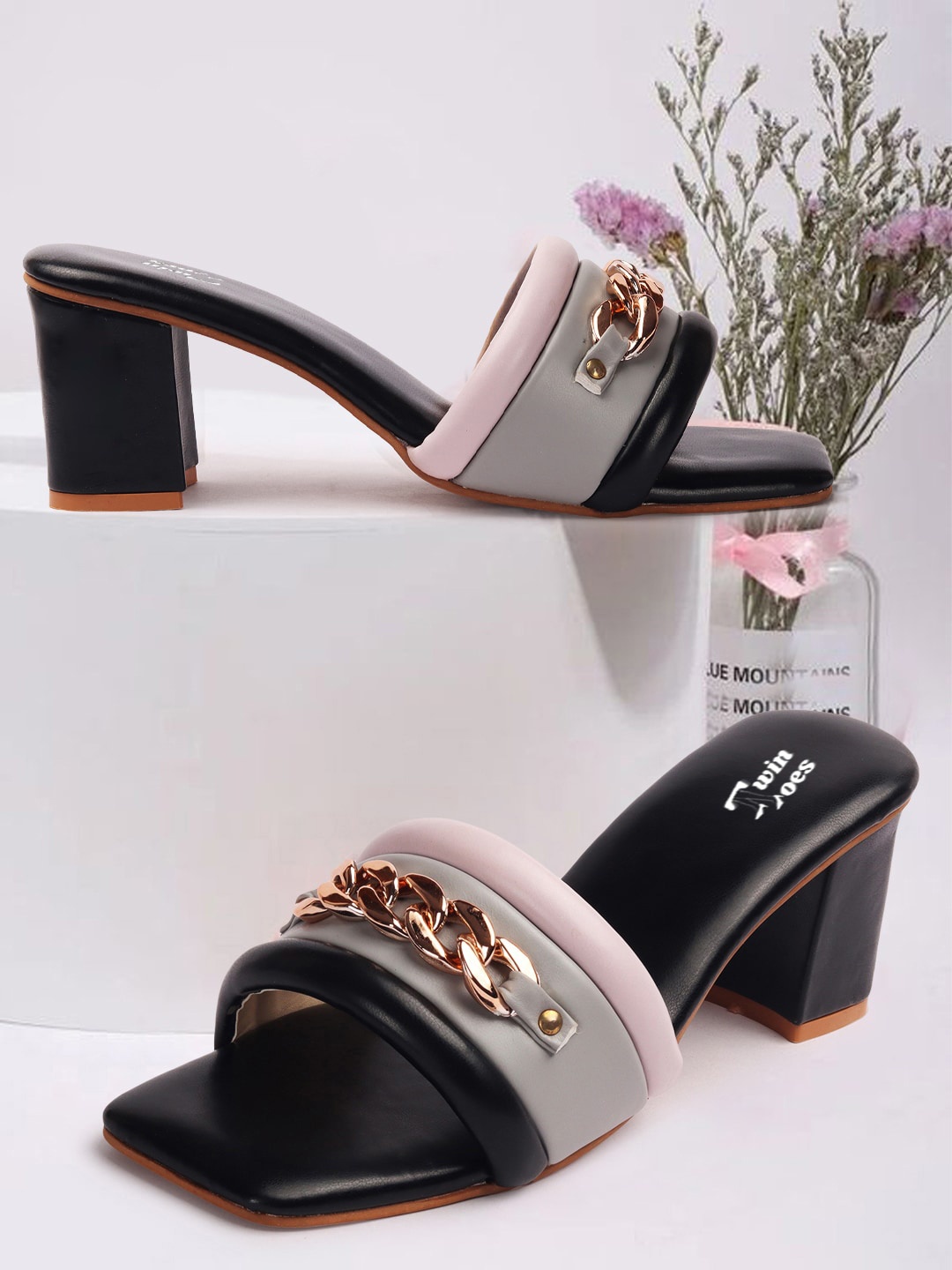 

TWIN TOES Colourblocked Block Mules Heels, Black