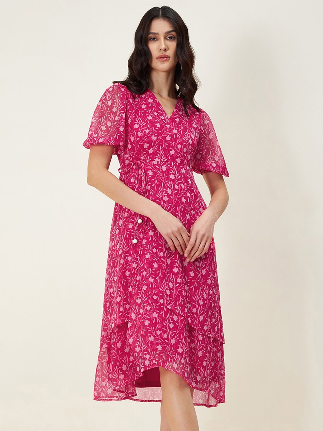 

Femella Floral Printed Puff Sleeves Midi Wrap Dress, Pink
