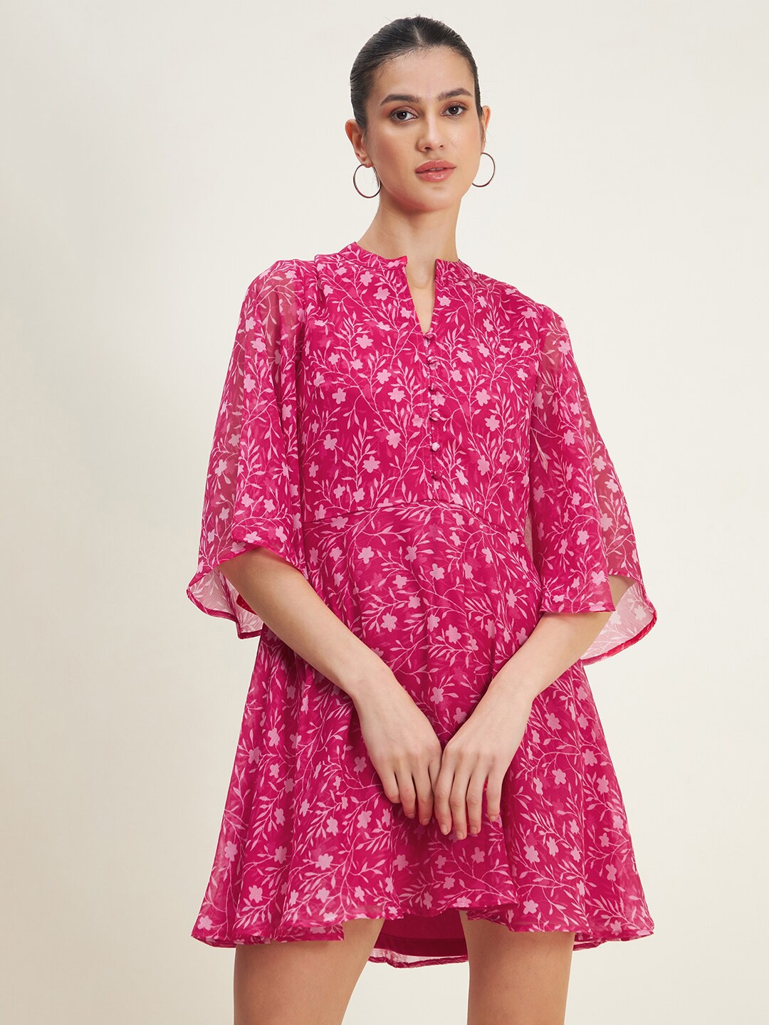 

Femella Floral Printed Chiffon A-Line Dress, Pink