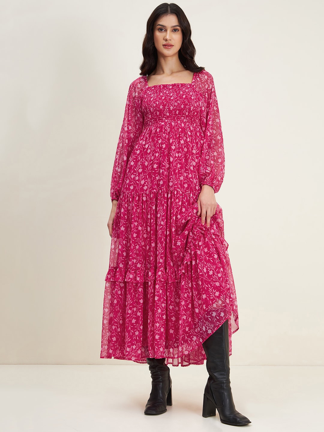 

Femella Floral Printed Square Neck Chiffon Maxi Dress, Pink