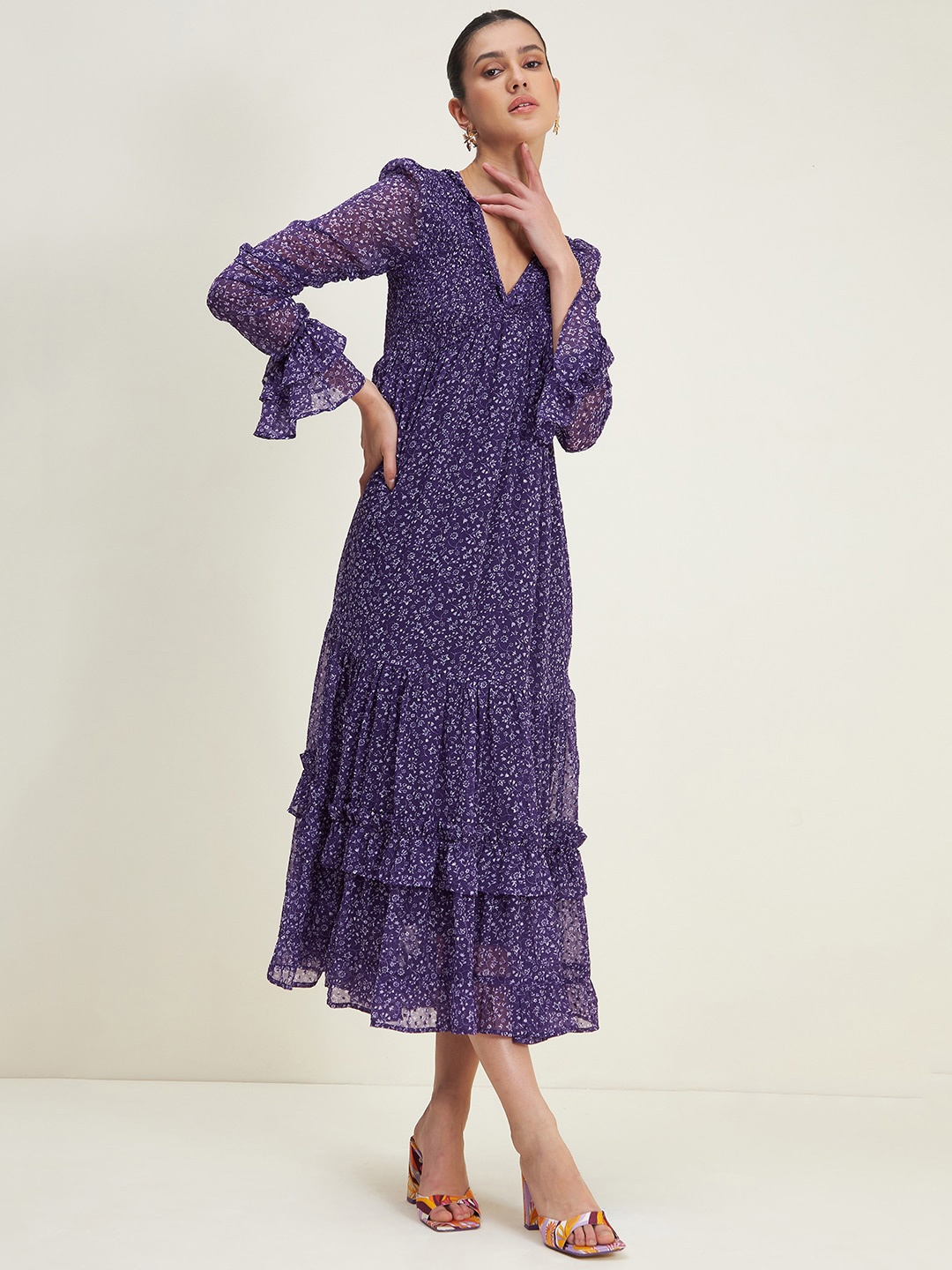 

Femella Floral Printed Bell Sleeves Midi Dress, Purple