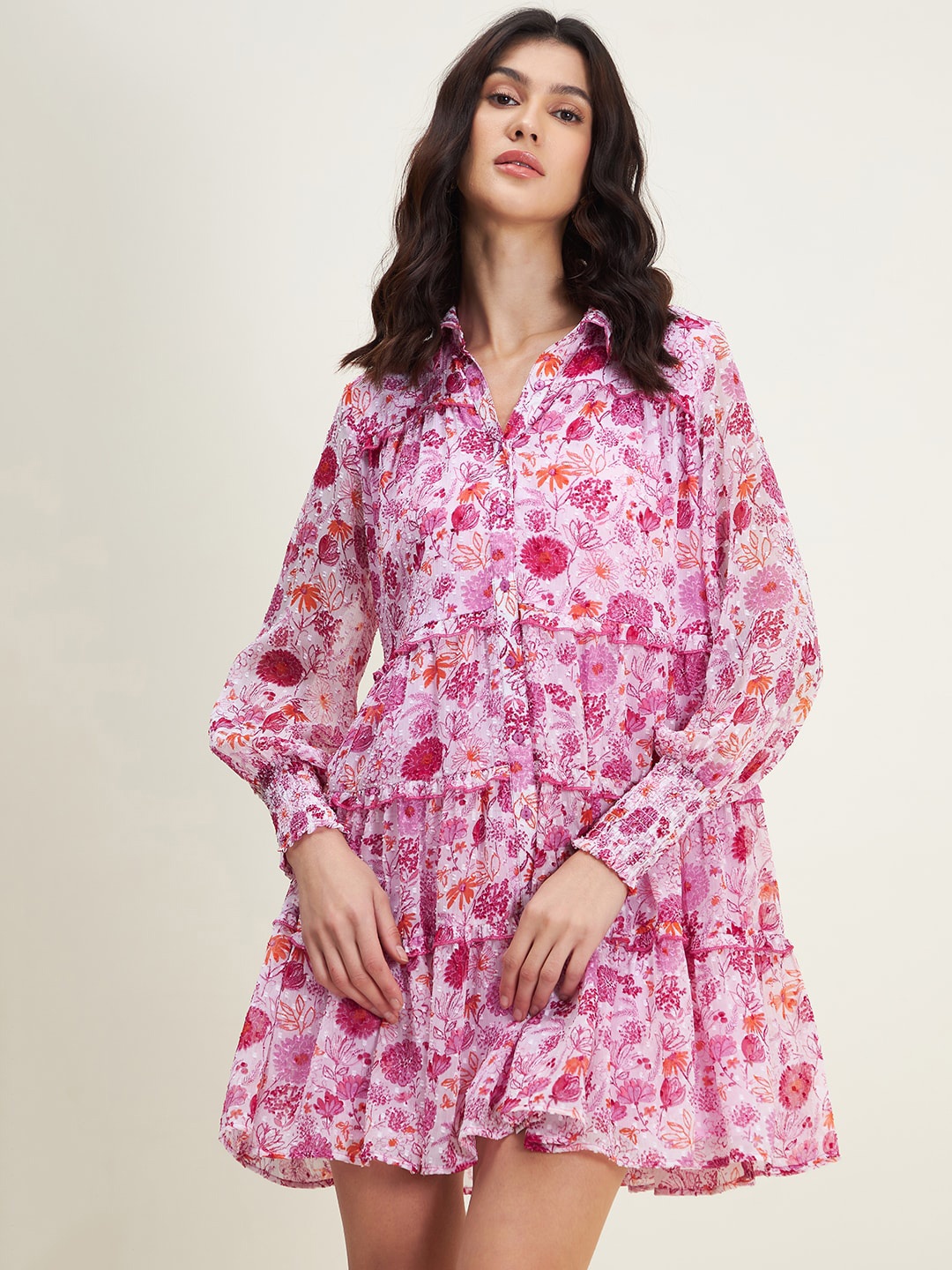 

Femella Floral Printed Shirt Collar A-Line Dress, White