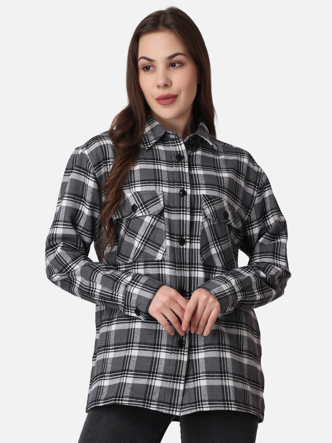 

The Label Bar Women Relaxed Tartan Checked Cotton Casual Shirt, Grey