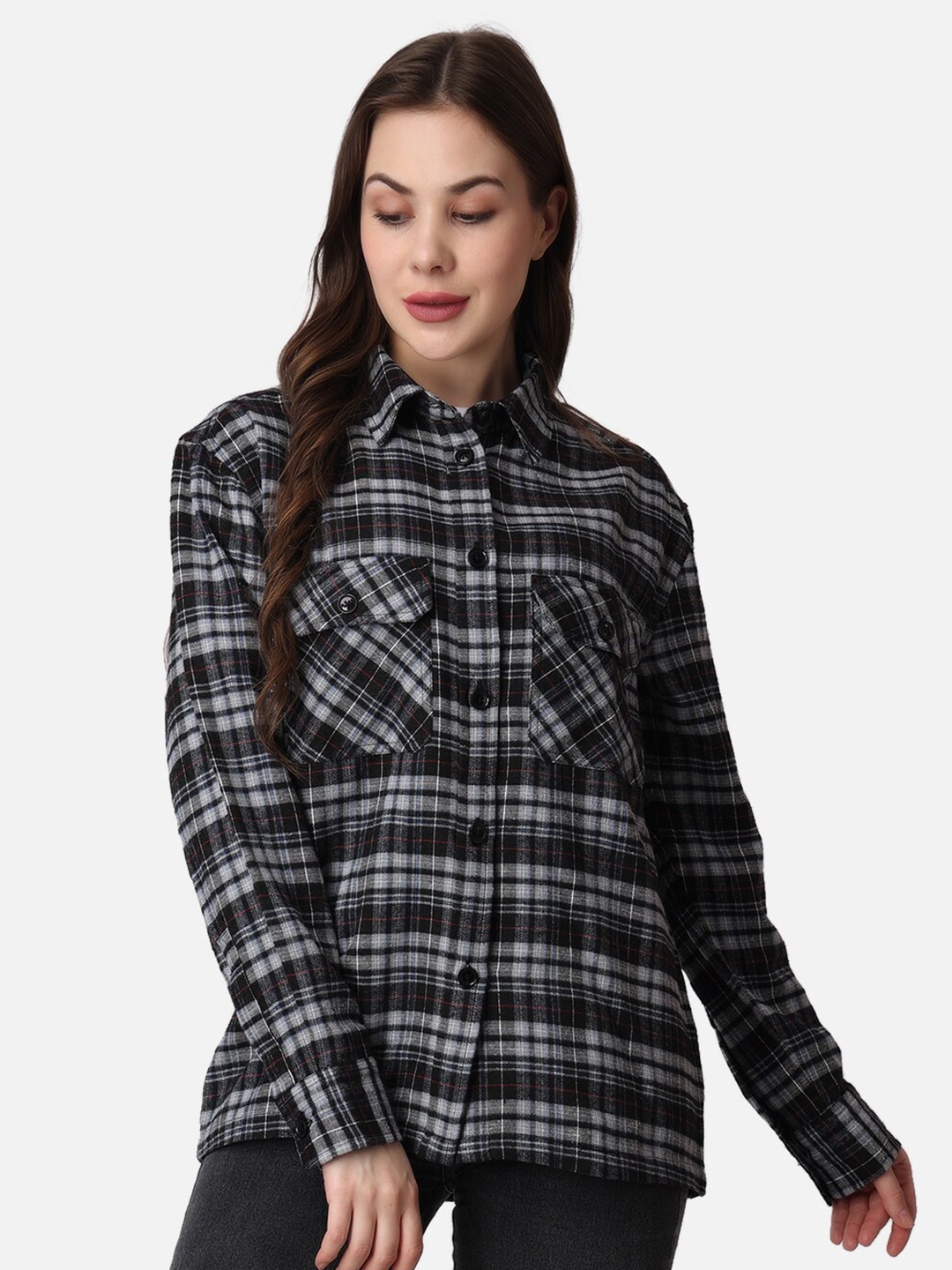 

The Label Bar Women Relaxed Tartan Checks Cotton Casual Shirt, Grey