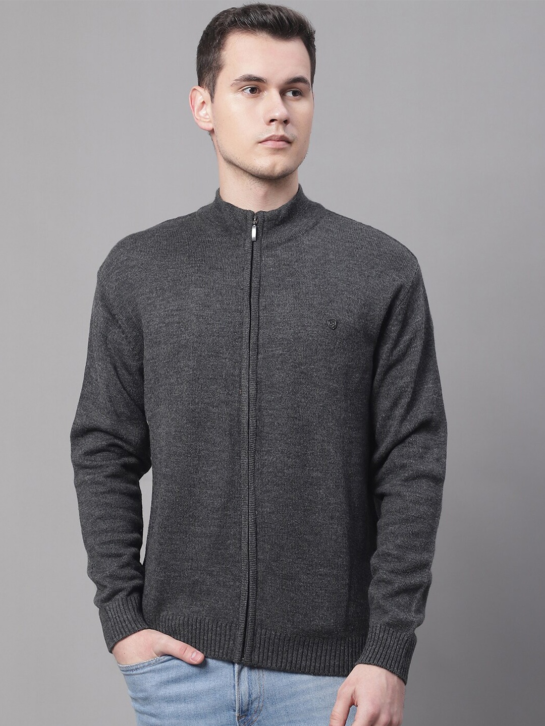 

Cantabil Men Mock Collar Acrylic Cardigan Sweaters, Grey melange