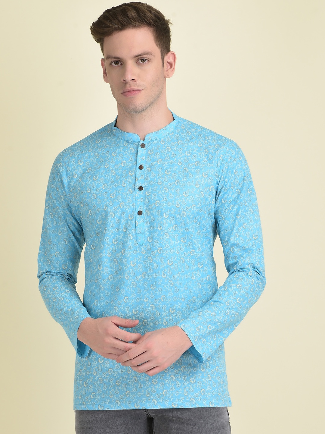 

DEYANN Men Floral Printed Cotton Kurta, Blue