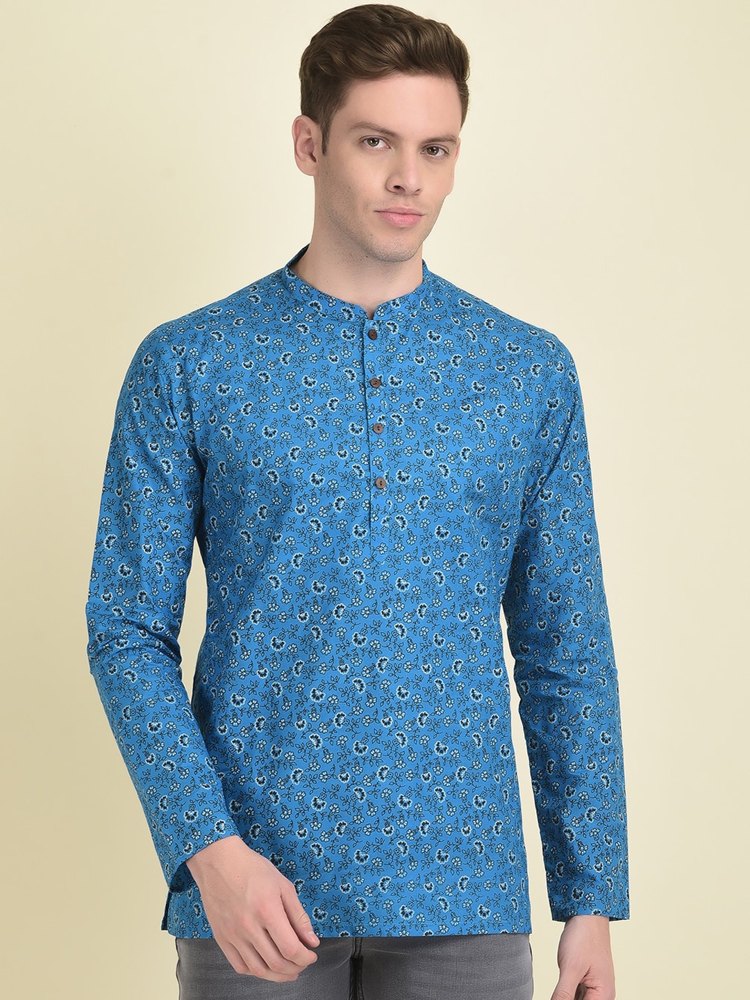 DEYANN Men Floral Printed Floral Cotton Kurta, Blue