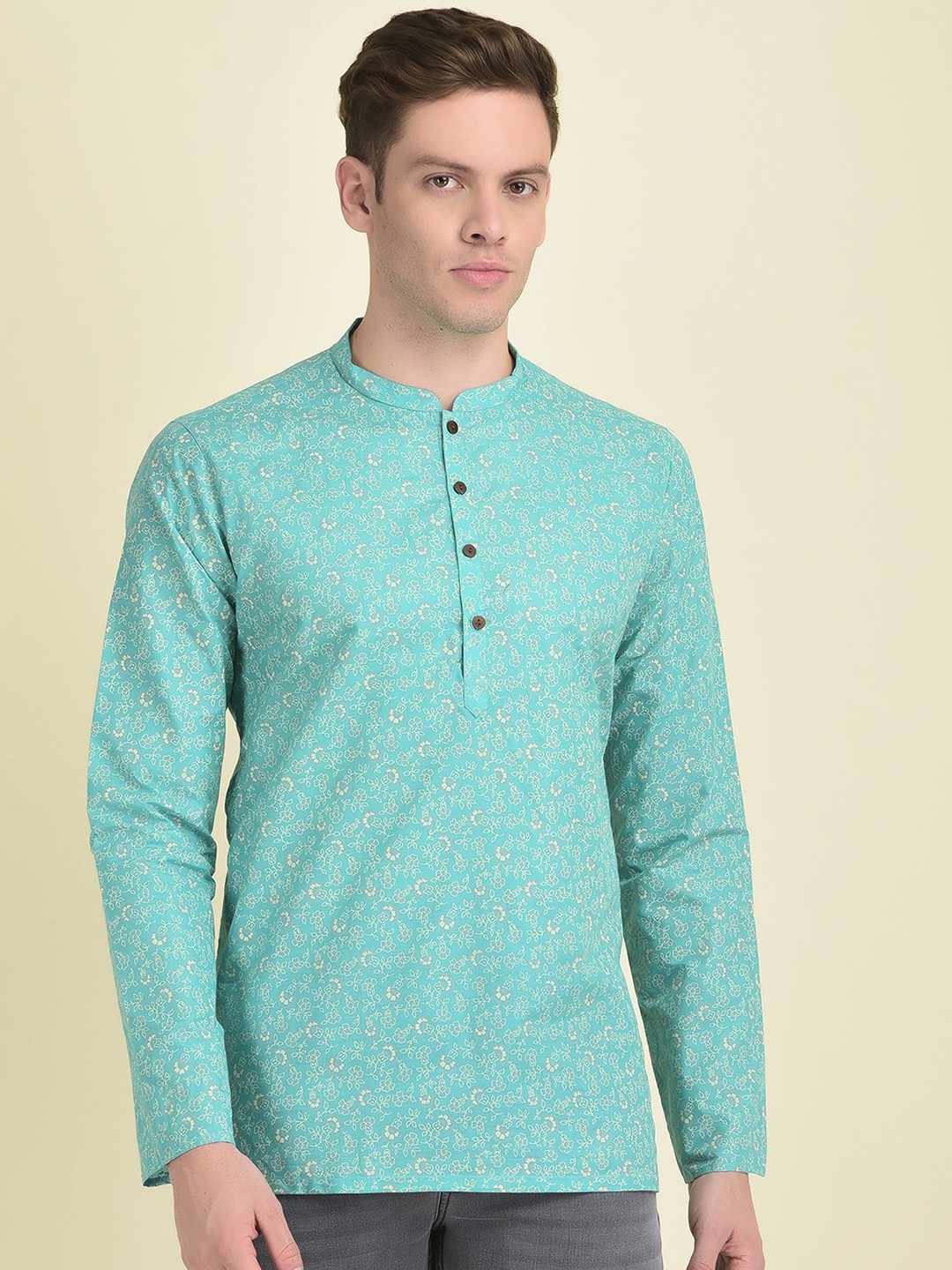 

DEYANN Men Floral Printed Thread Work Floral Cotton Kurta, Green