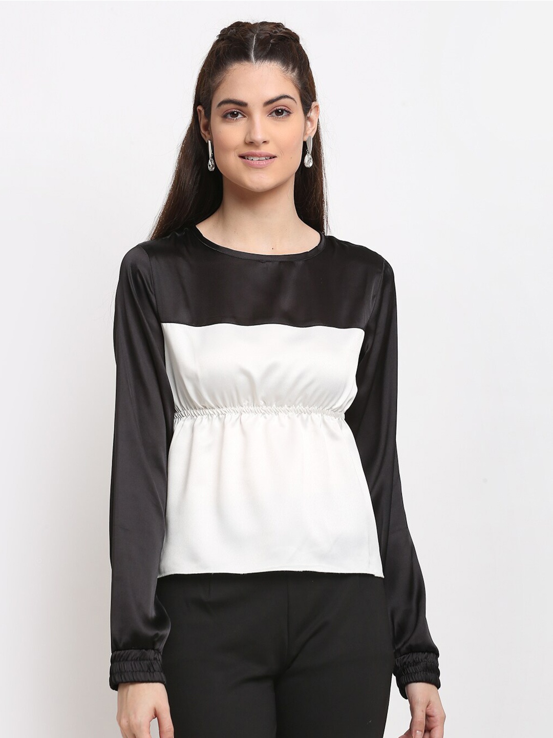 

DOOR74 Colourblocked Satin Cinched Waist Top, White