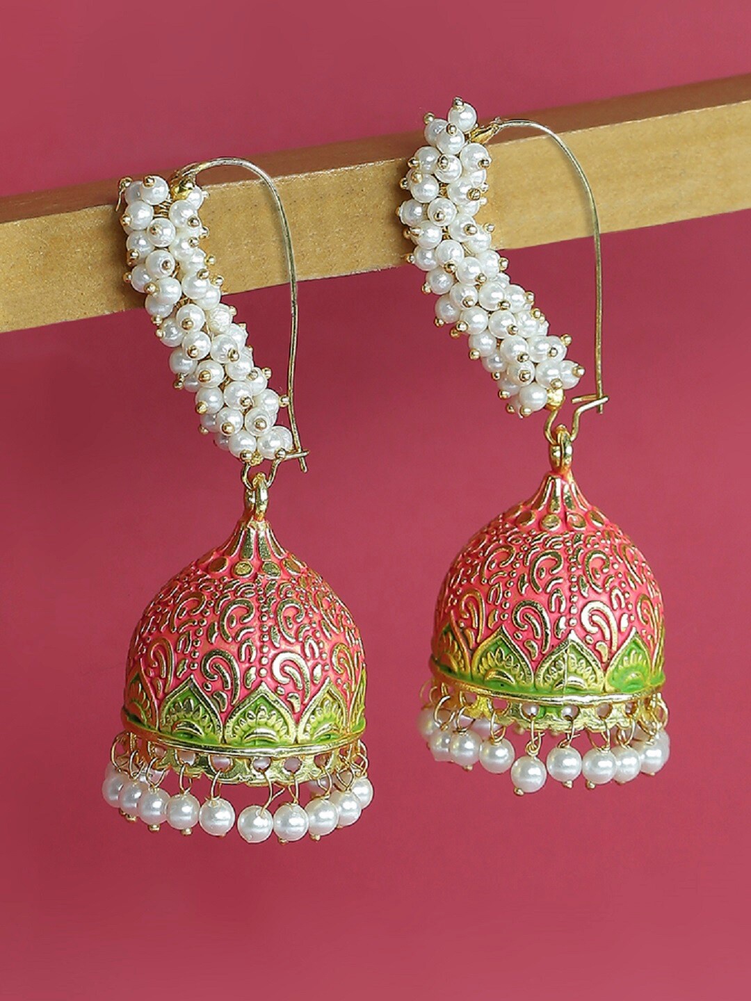 

OOMPH Gold-Plated Meenakari Dome Shaped Jhumkas Earrings, Pink