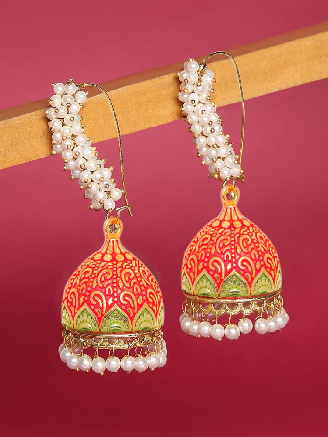 

OOMPH Dome Shaped Jhumkas Earrings, Red