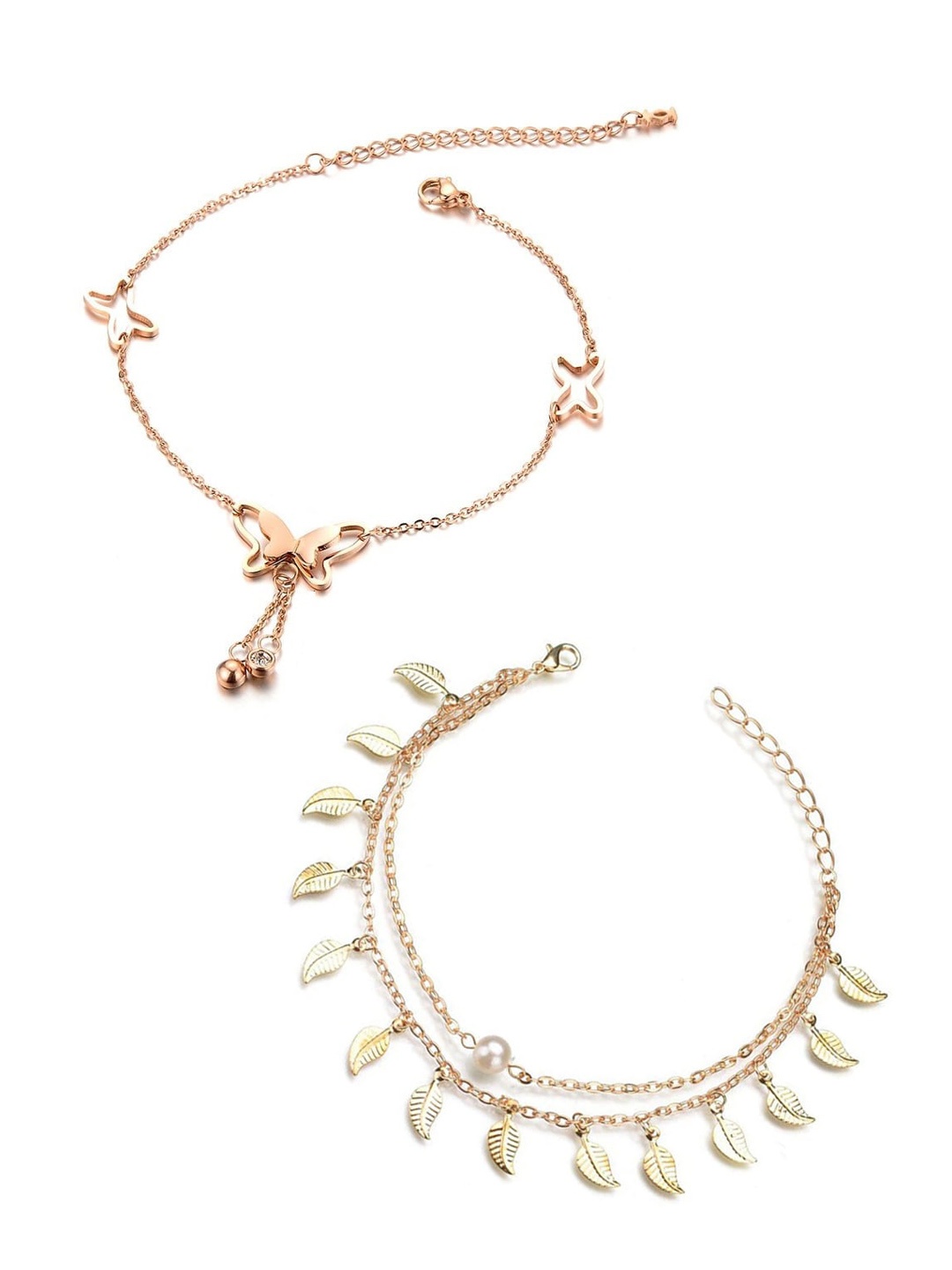 

OOMPH Set of 2 Butterfly & Pearl Fashion Anklet, Gold