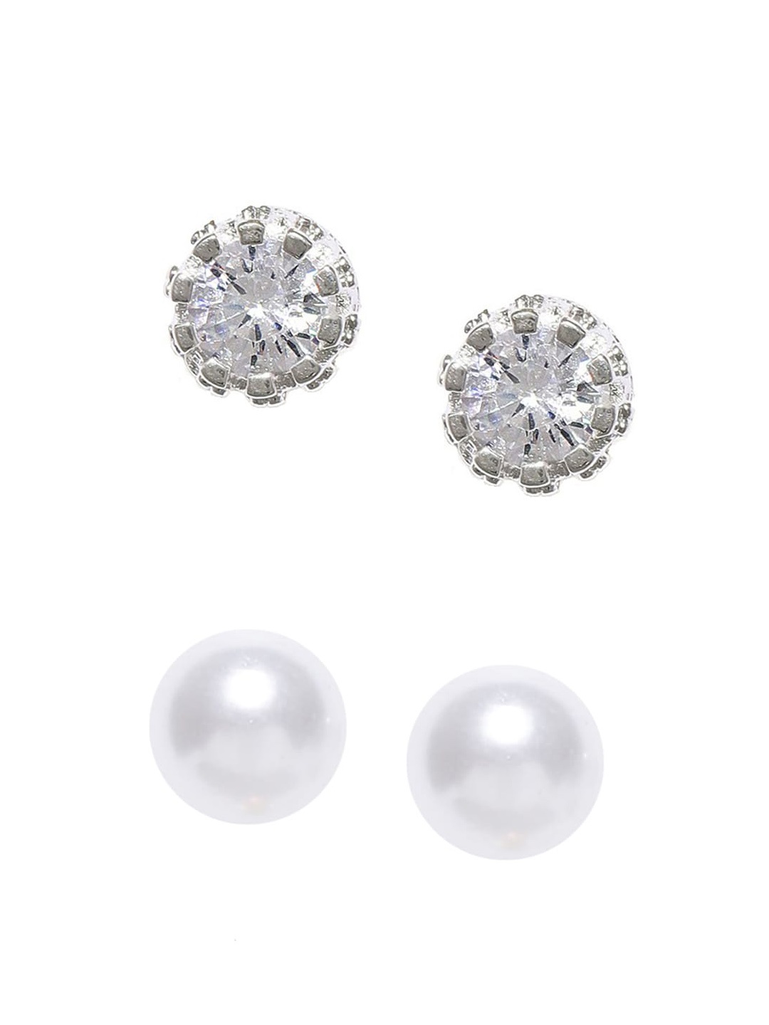 

OOMPH Set Of 2 Silver-Plated Cubic Zirconia & Pearl Contemporary Studs Earrings, White