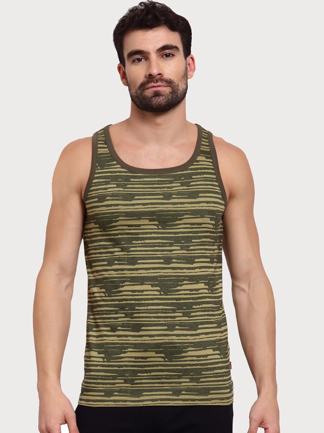 

Zoiro Men Printed Round Neck Gym Vest, Olive