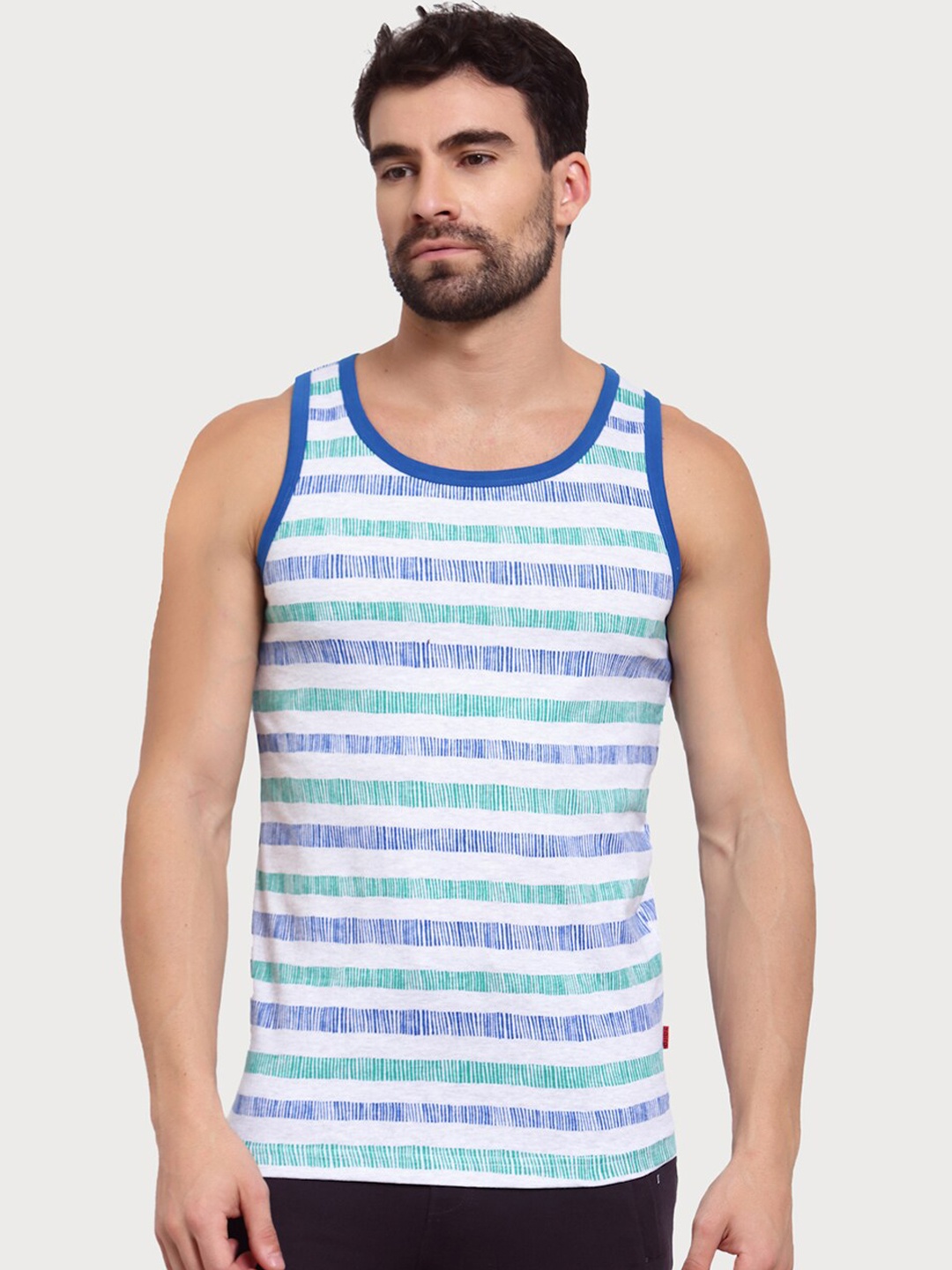 

Zoiro Men Striped Cotton Tank Vests, White