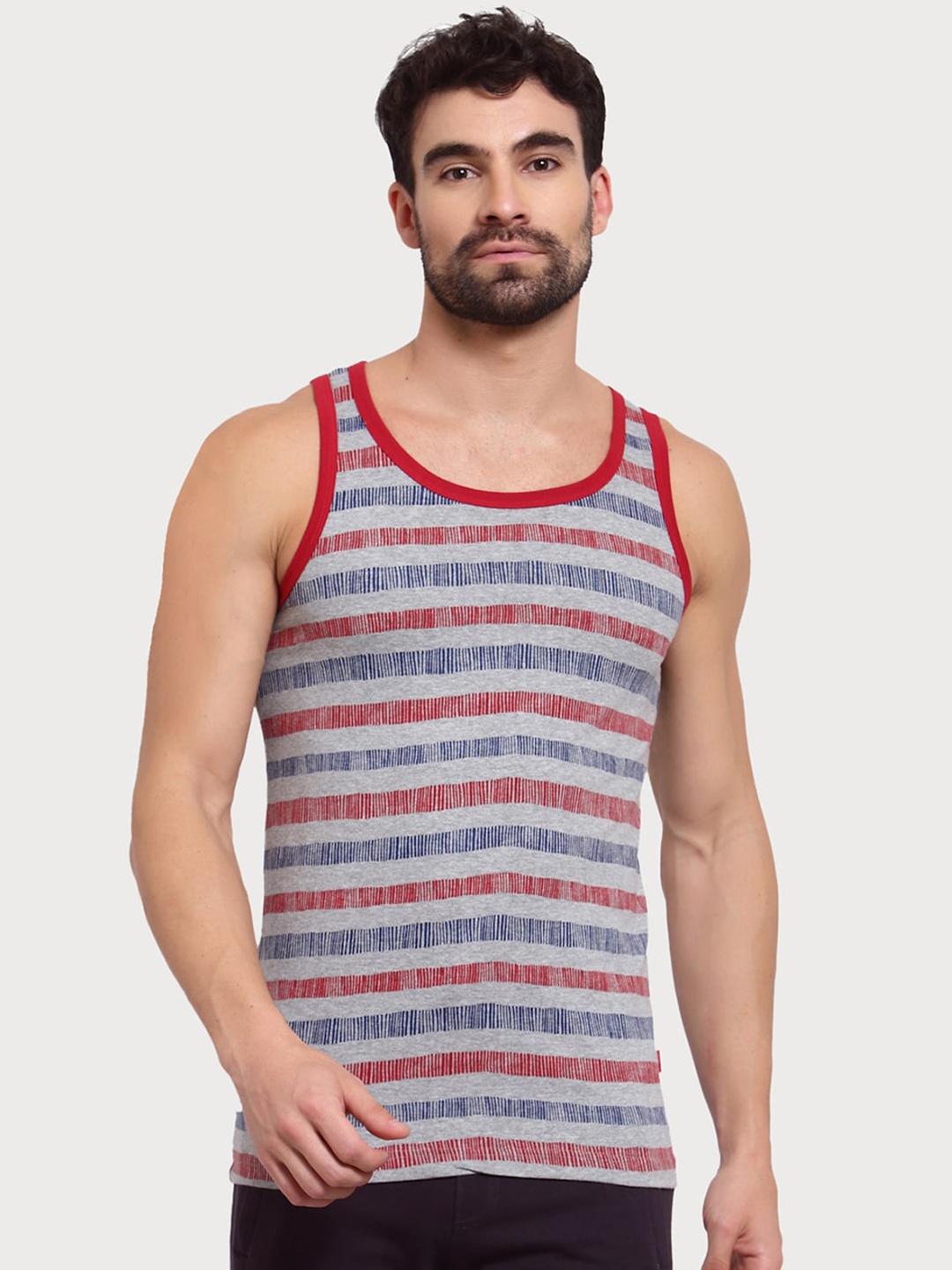 

Zoiro Men Striped Innerwear Cotton Vest, Grey melange