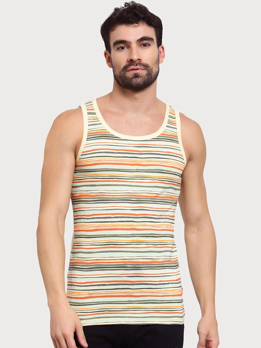 

Zoiro Men Striped Pure Cotton Gym Vests, White