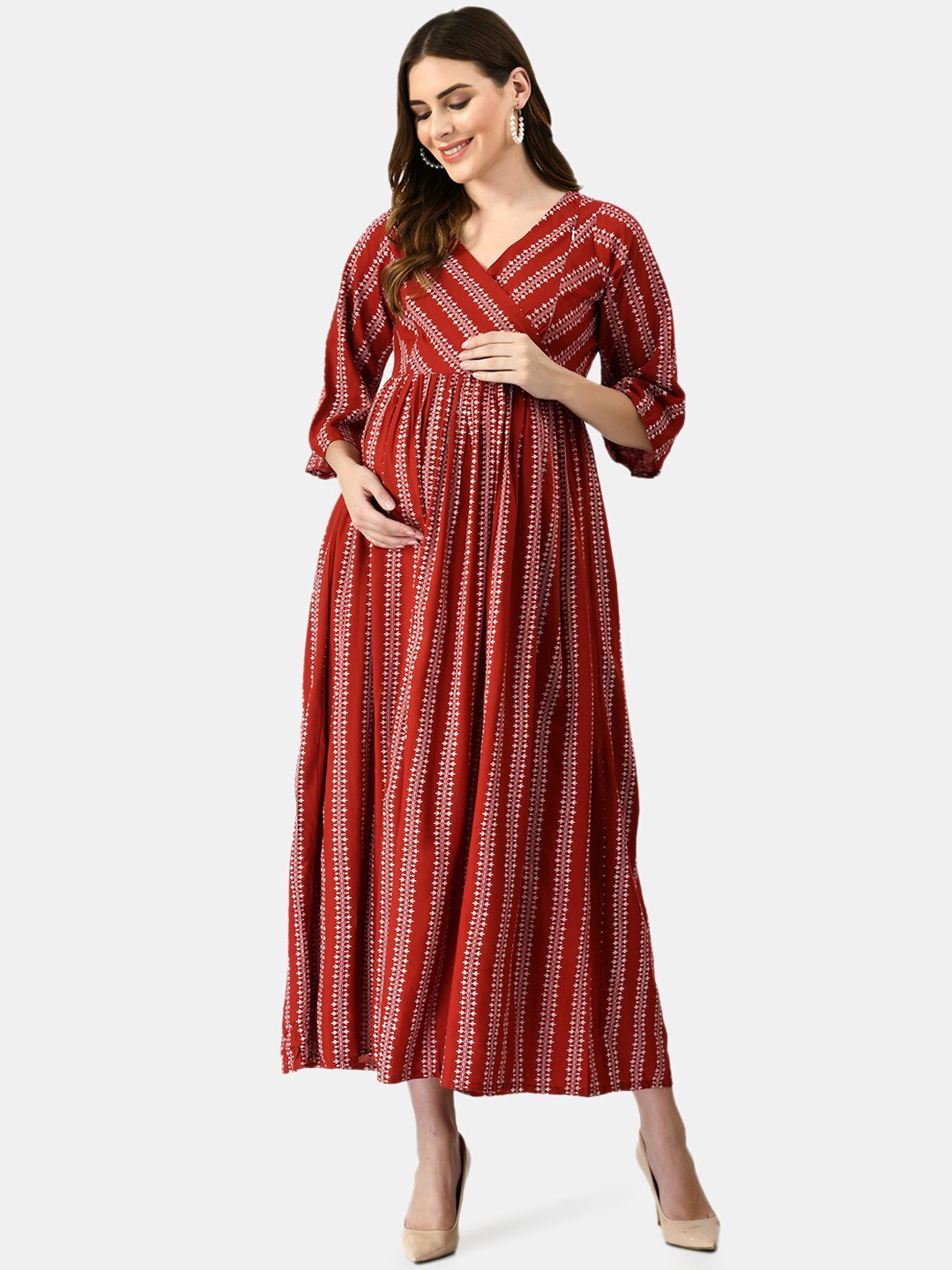 

MAFE Ethnic Motifs Printed Flared Sleeves Maternity Anarkali Kurta, Maroon