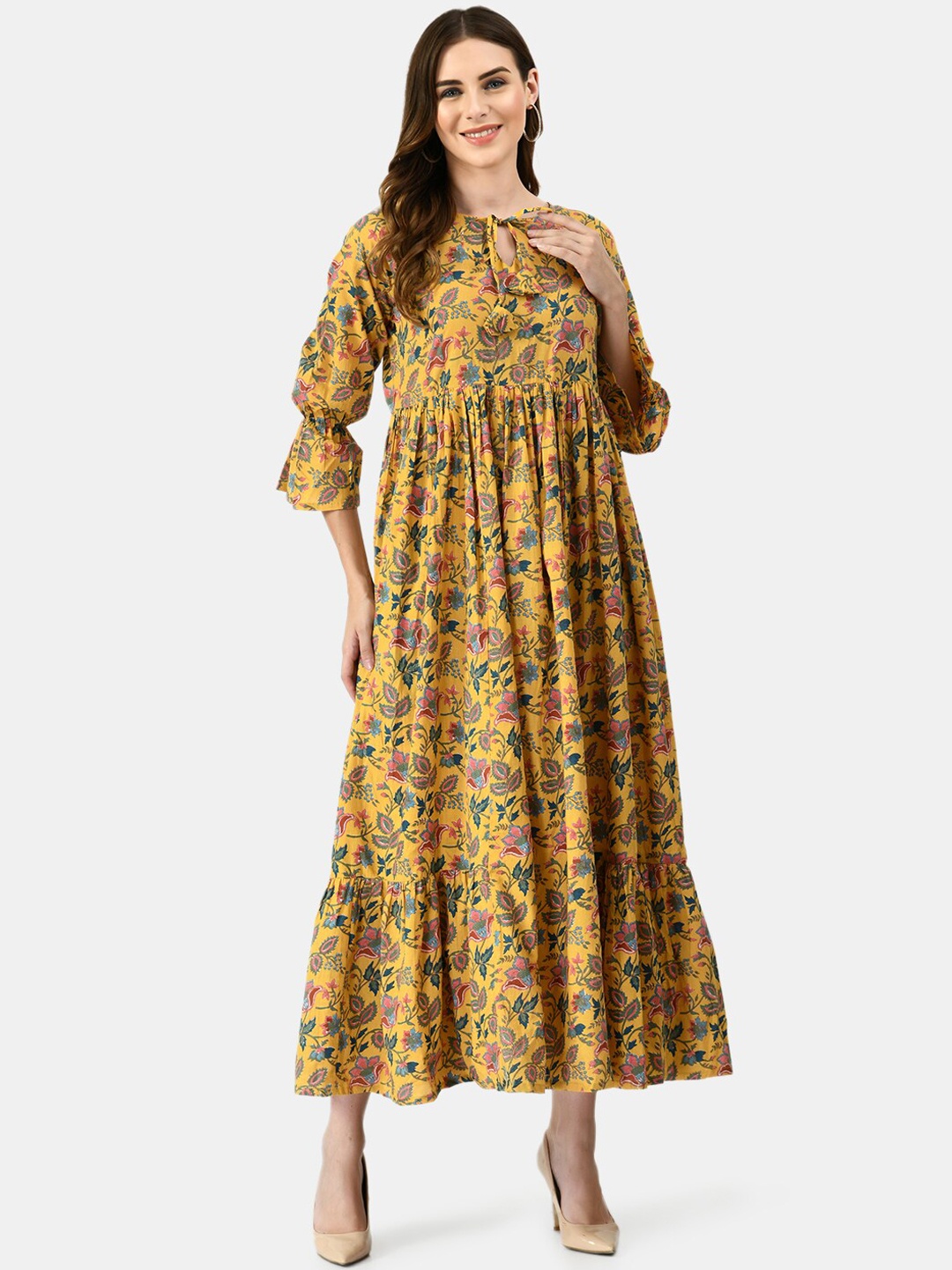 

MAFE Floral Printed Keyhole Neck Flared Sleeves Anarkali Kurta, Mustard
