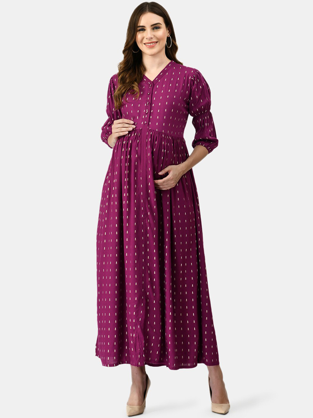 

MAFE Ethnic Motifs Printed Indie Prints Maternity Anarkali Kurta, Violet