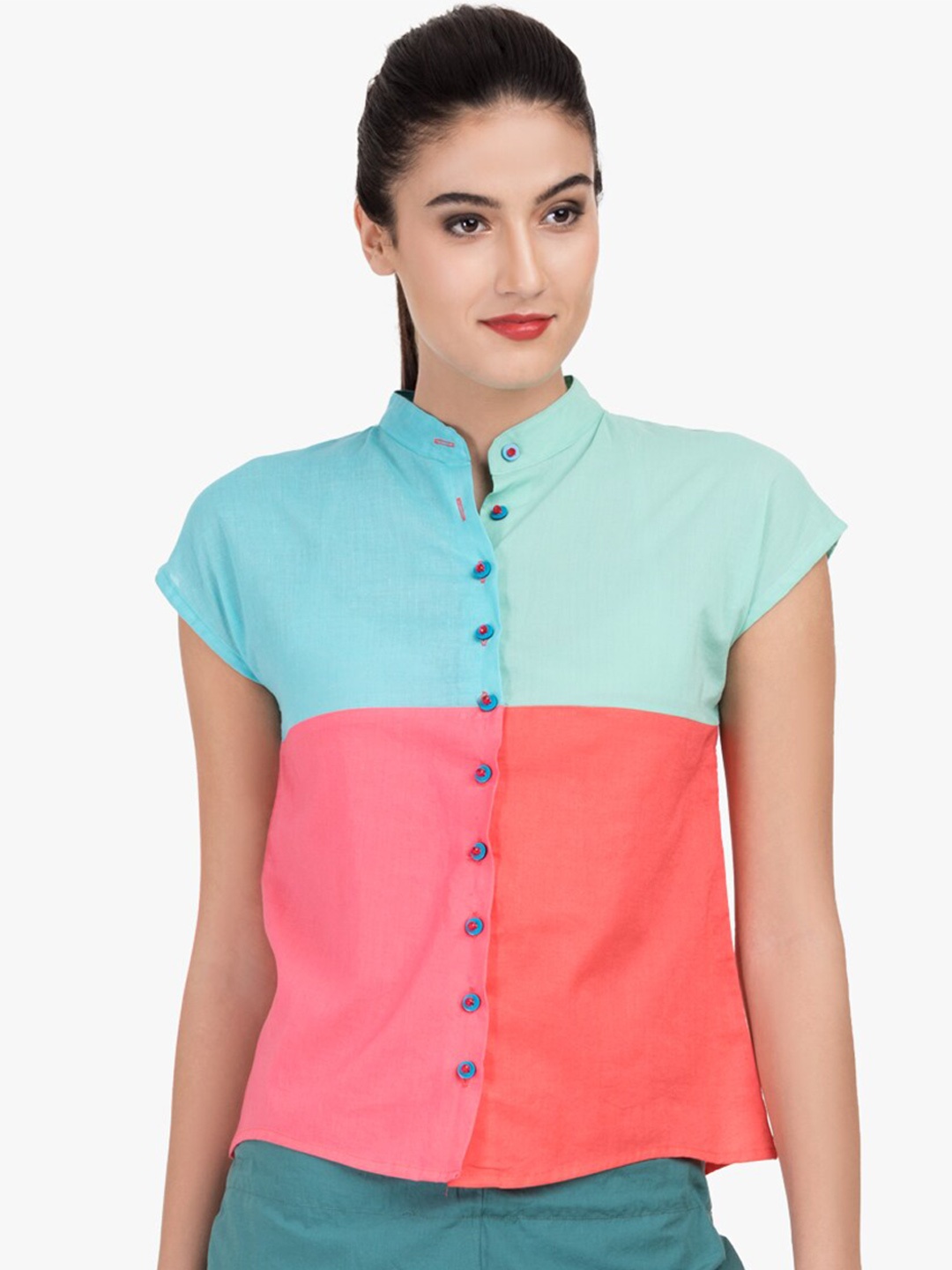 

GRASS by Gitika Goyal Colourblocked Mandarin Collar Shirt Style Top, Multi