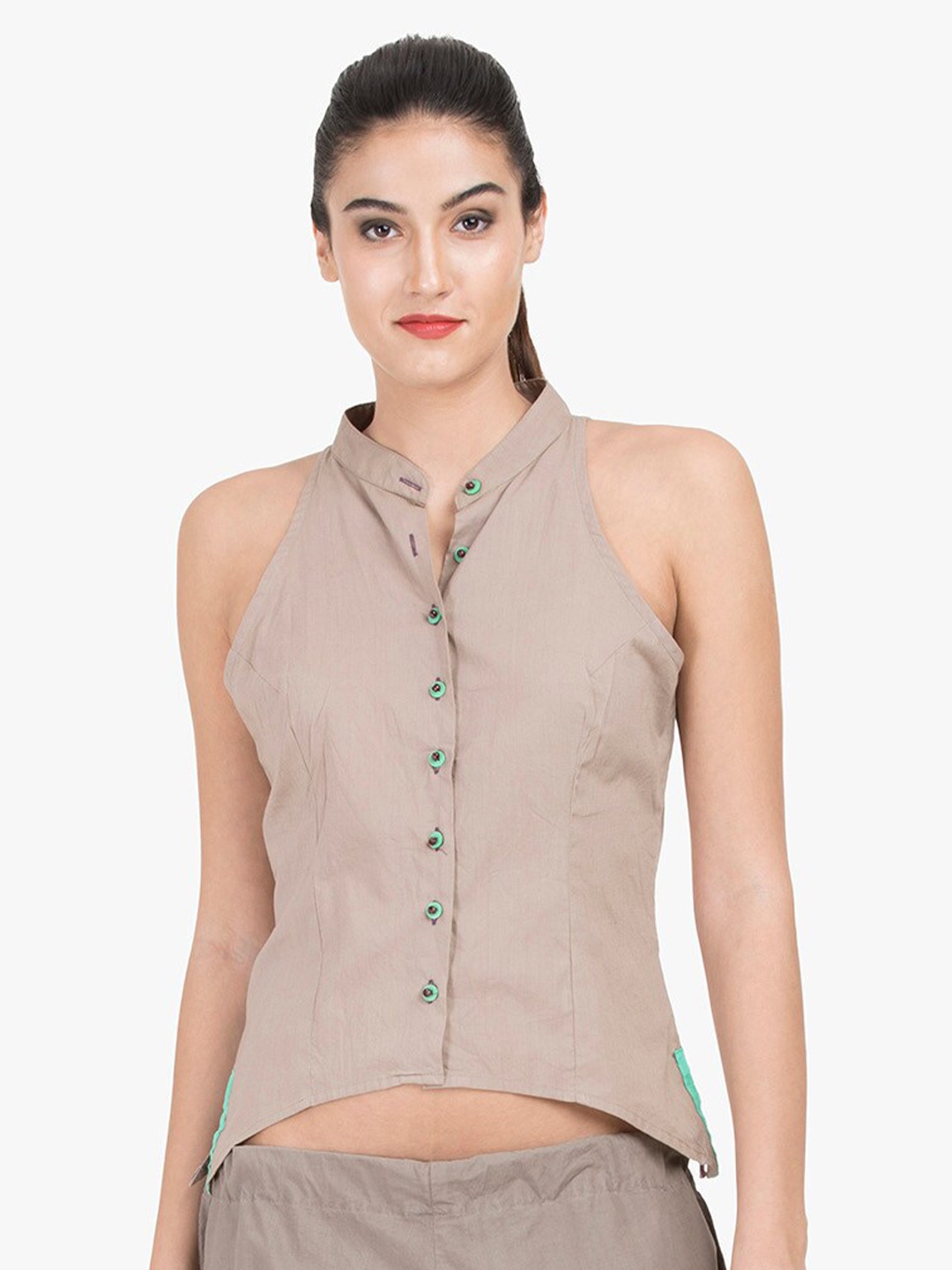 

GRASS by Gitika Goyal Mandarin Collar Shirt Style Top, Camel brown