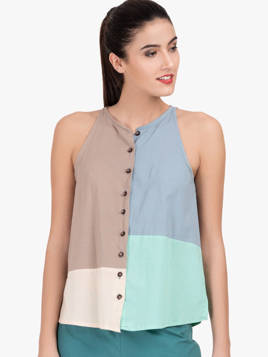 

GRASS by Gitika Goyal Sleeveless Colourblocked Cotton Top, Brown