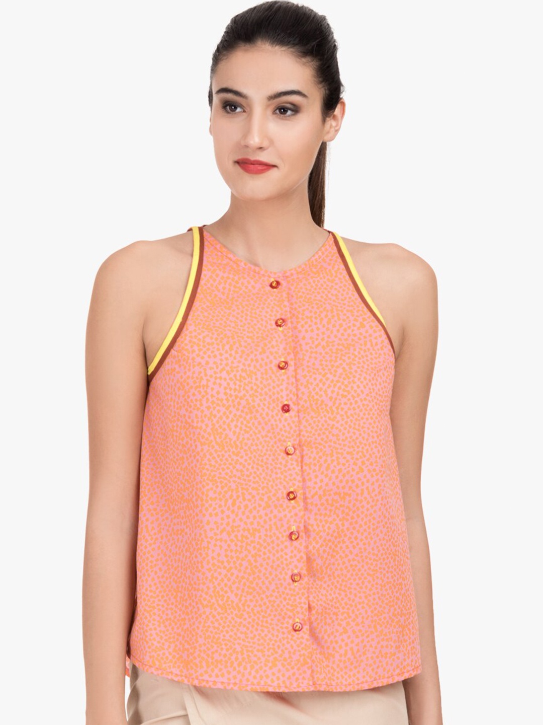 

GRASS by Gitika Goyal Printed Halter Neck Cotton Top, Coral