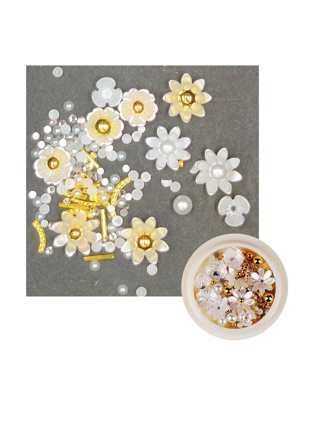

S.A.V.I. Set Of 2 Rhinestone Shell Flower & Beads Nail Art Accessories-Blue & White Pearls, Gold