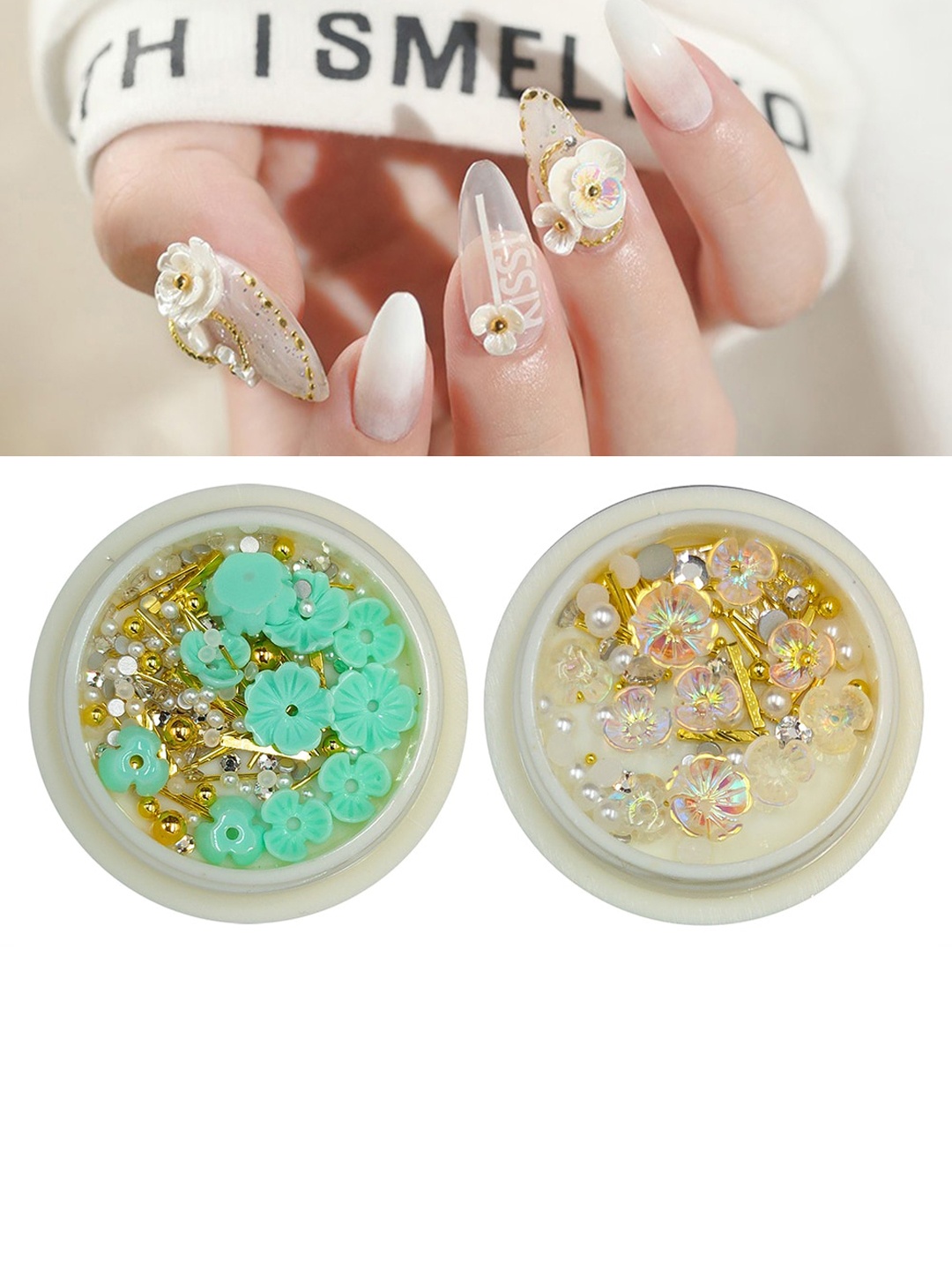 

S.A.V.I. Set Of 2 Rivet Rhinestone Resin Shell Flower & Beads Nail Art Accessories, Green