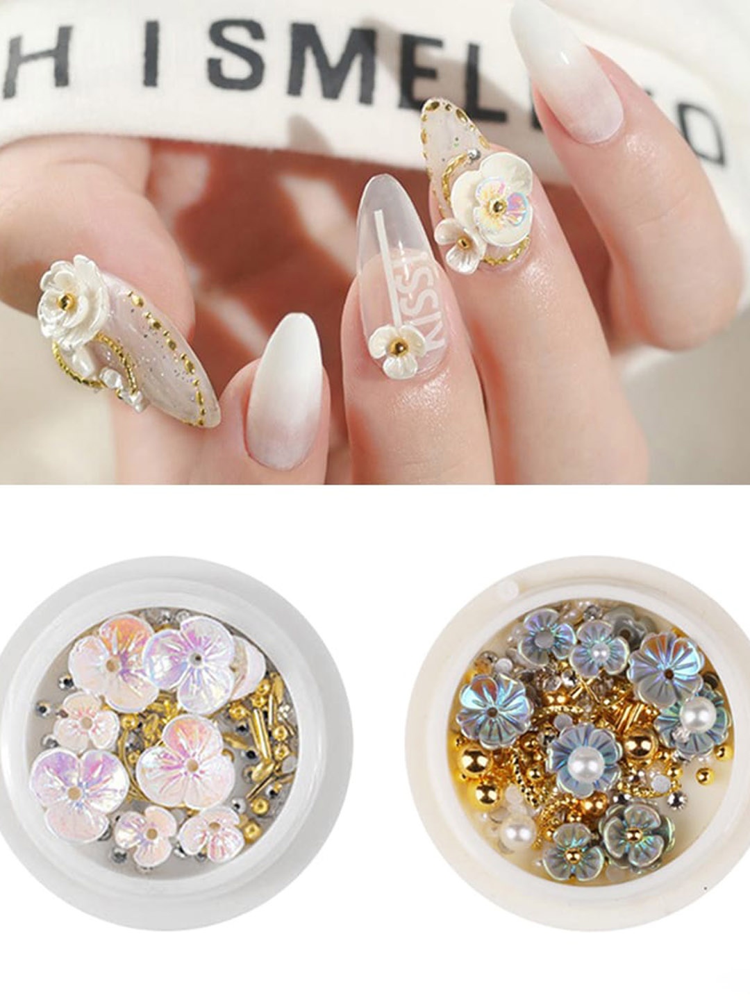

S.A.V.I. Set Of 2 Rivet Rhinestone Resin Shell Flower & Beads Nail Art Accessories, Blue