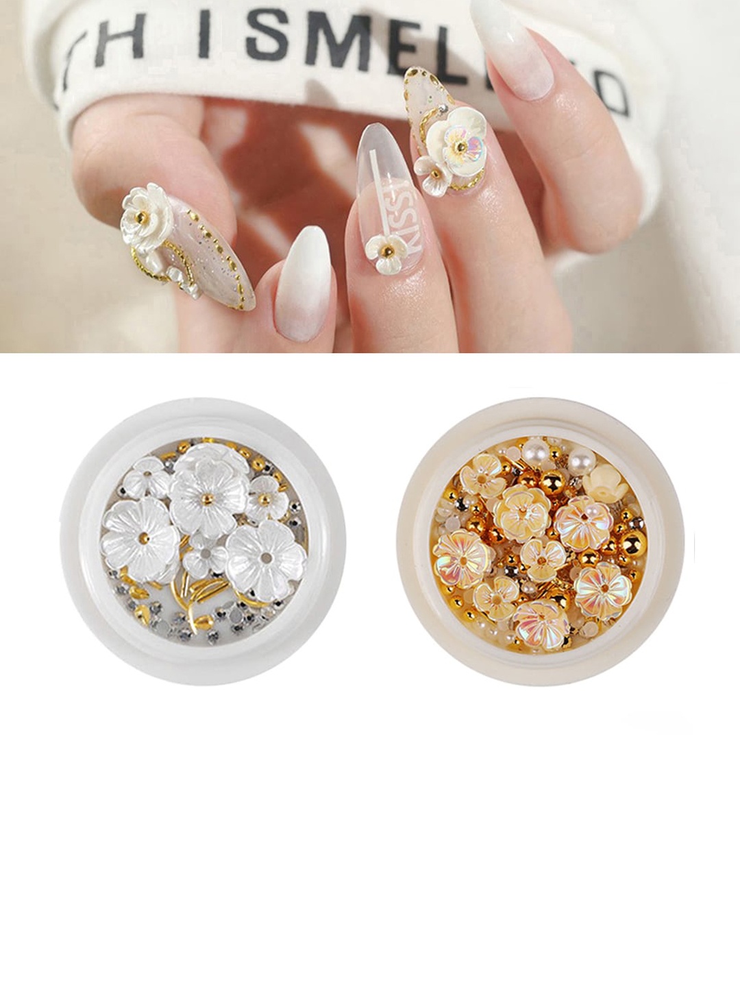 

S.A.V.I. Set Of 2 Rivet Rhinestone Resin Shell Flower & Beads Nail Art Accessories, Gold