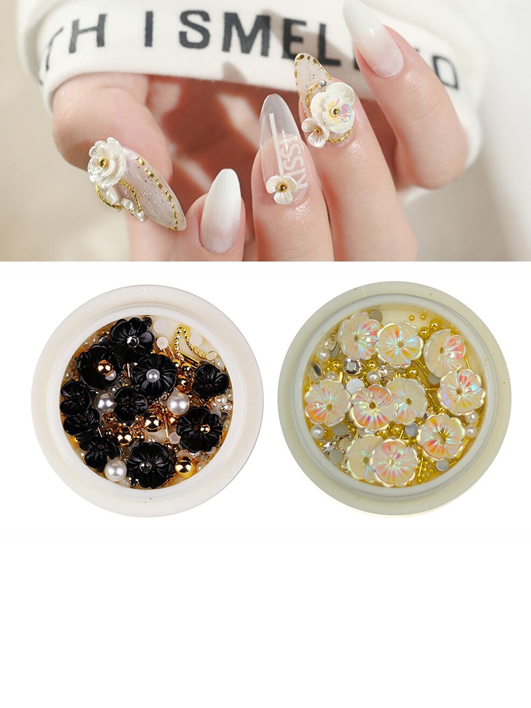 

S.A.V.I. Set Of 2 Rivet Rhinestone Resin Shell Flower & Beads Nail Art Accessories, Black